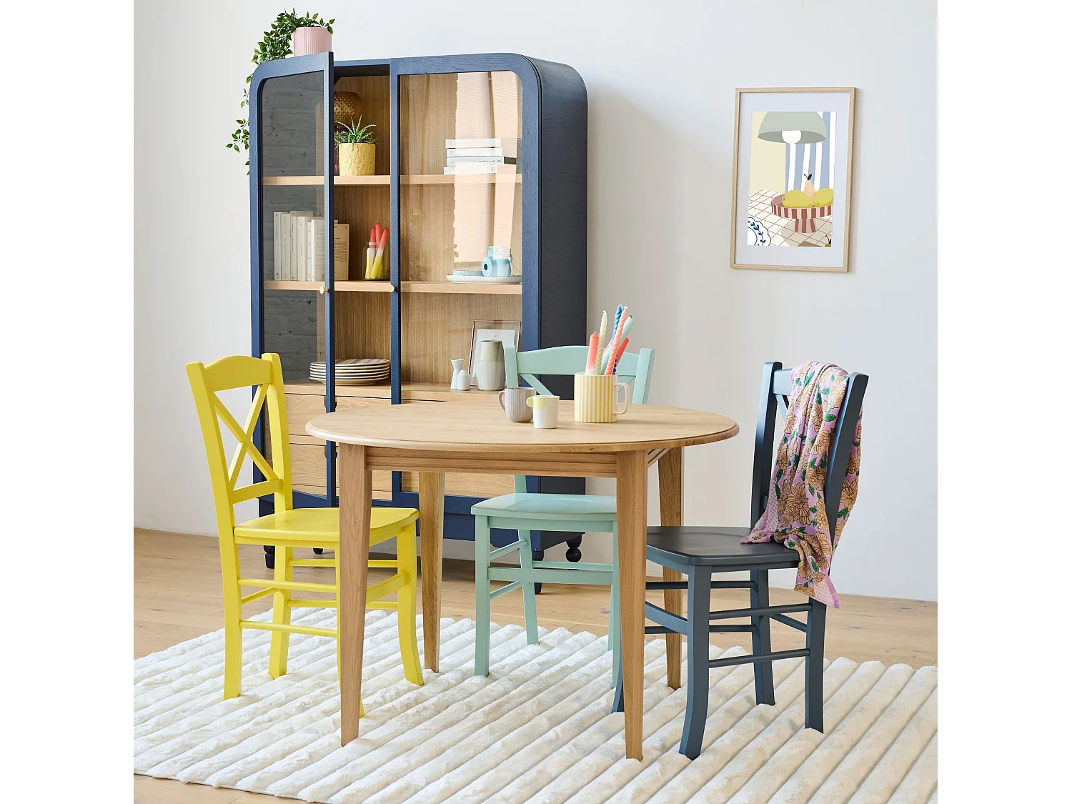 Table ronde 6 pieds fuseau D115 + 3 rallonges bois - VICTORIA