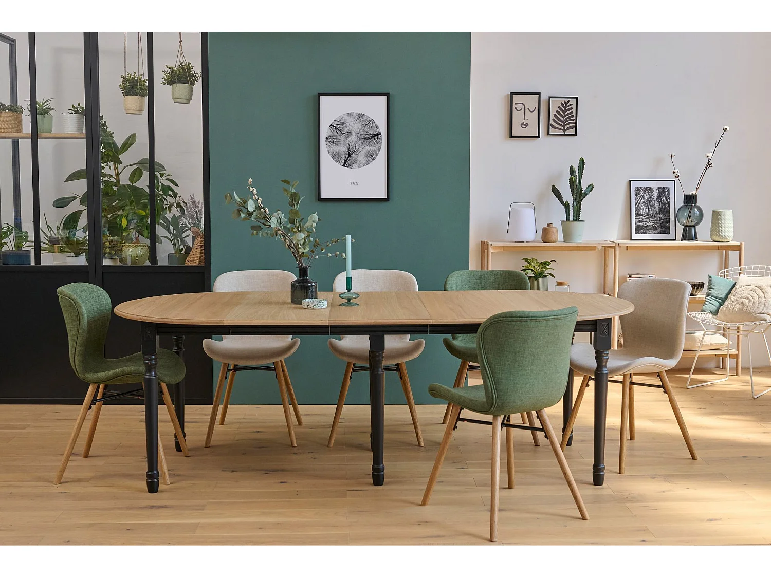 Table ronde en bois 6 pieds tournés D105 + 3 rallonges bois - VICTORIA