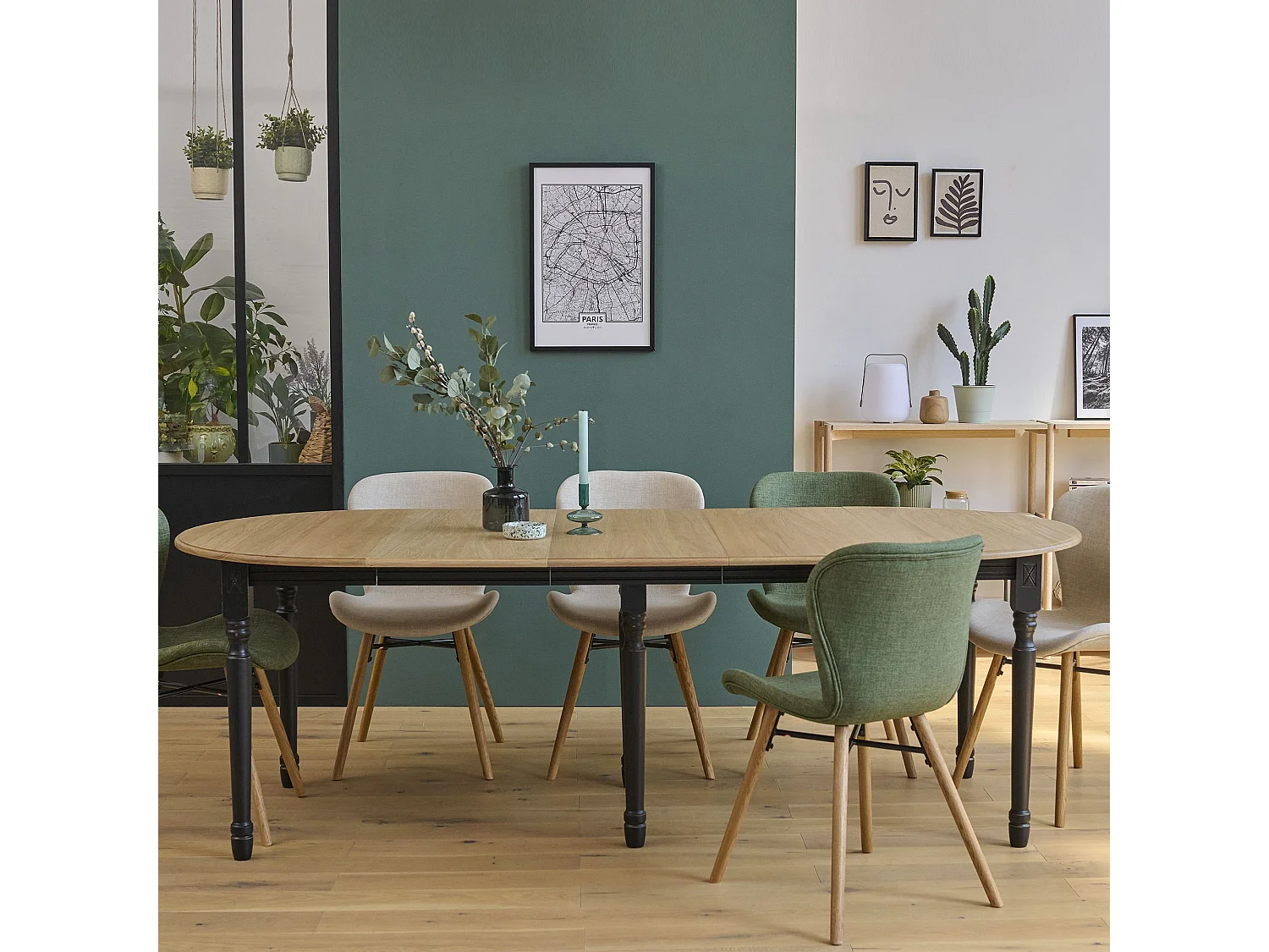 Table ronde en bois 6 pieds tournés D105 + 3 rallonges bois - VICTORIA