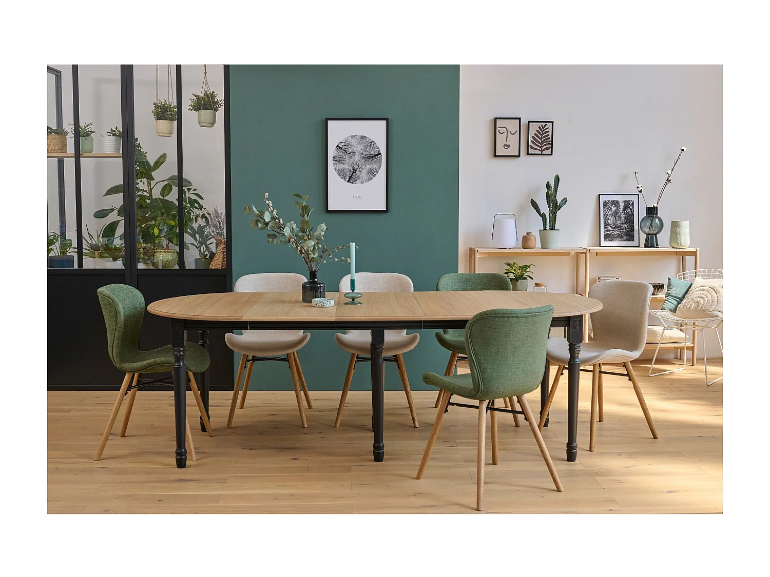 Table ronde en bois 6 pieds tournés D105 + 3 rallonges bois - VICTORIA