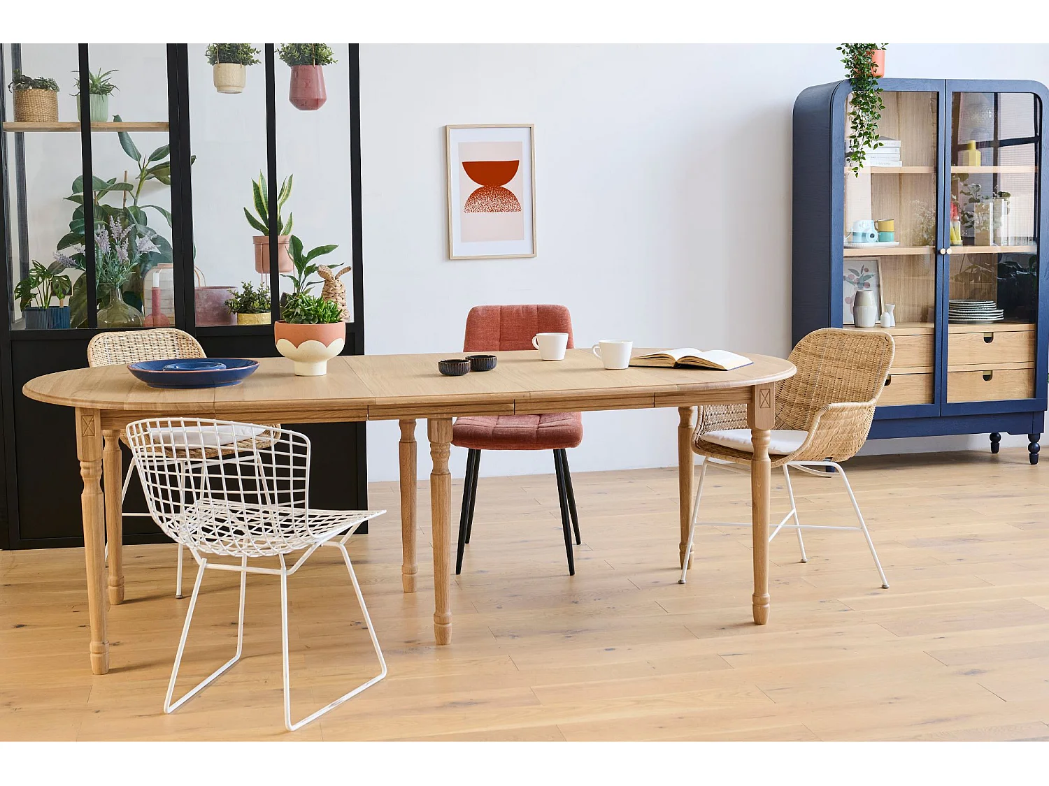 Table ronde en bois 6 pieds tournés D105 + 3 rallonges bois - VICTORIA