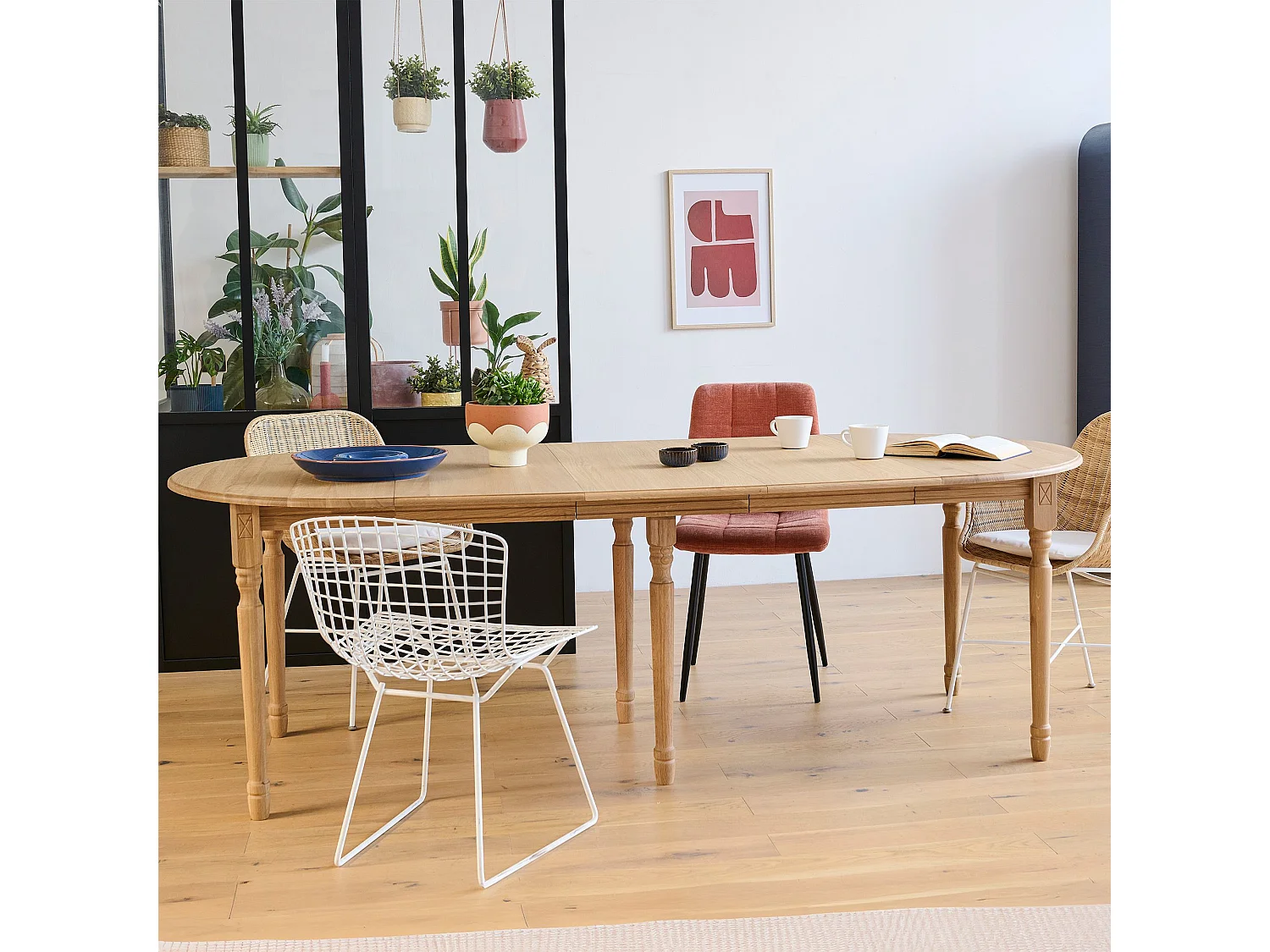 Table ronde en bois 6 pieds tournés D105 + 3 rallonges bois - VICTORIA