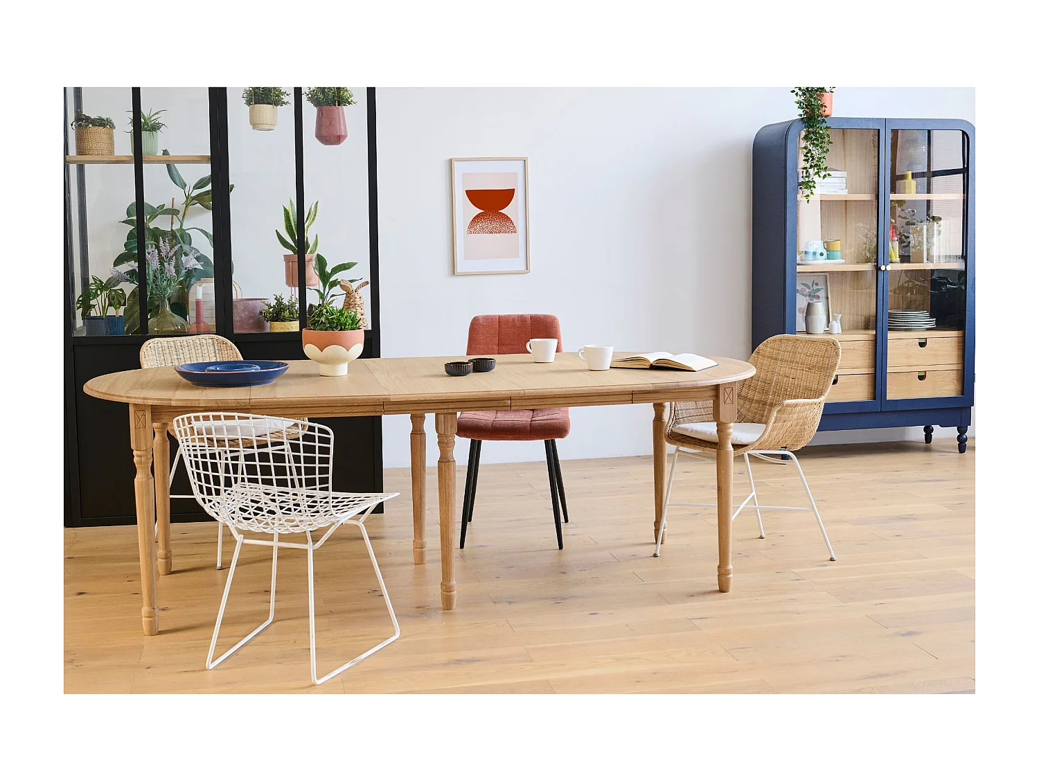 Table ronde en bois 6 pieds tournés D105 + 3 rallonges bois - VICTORIA