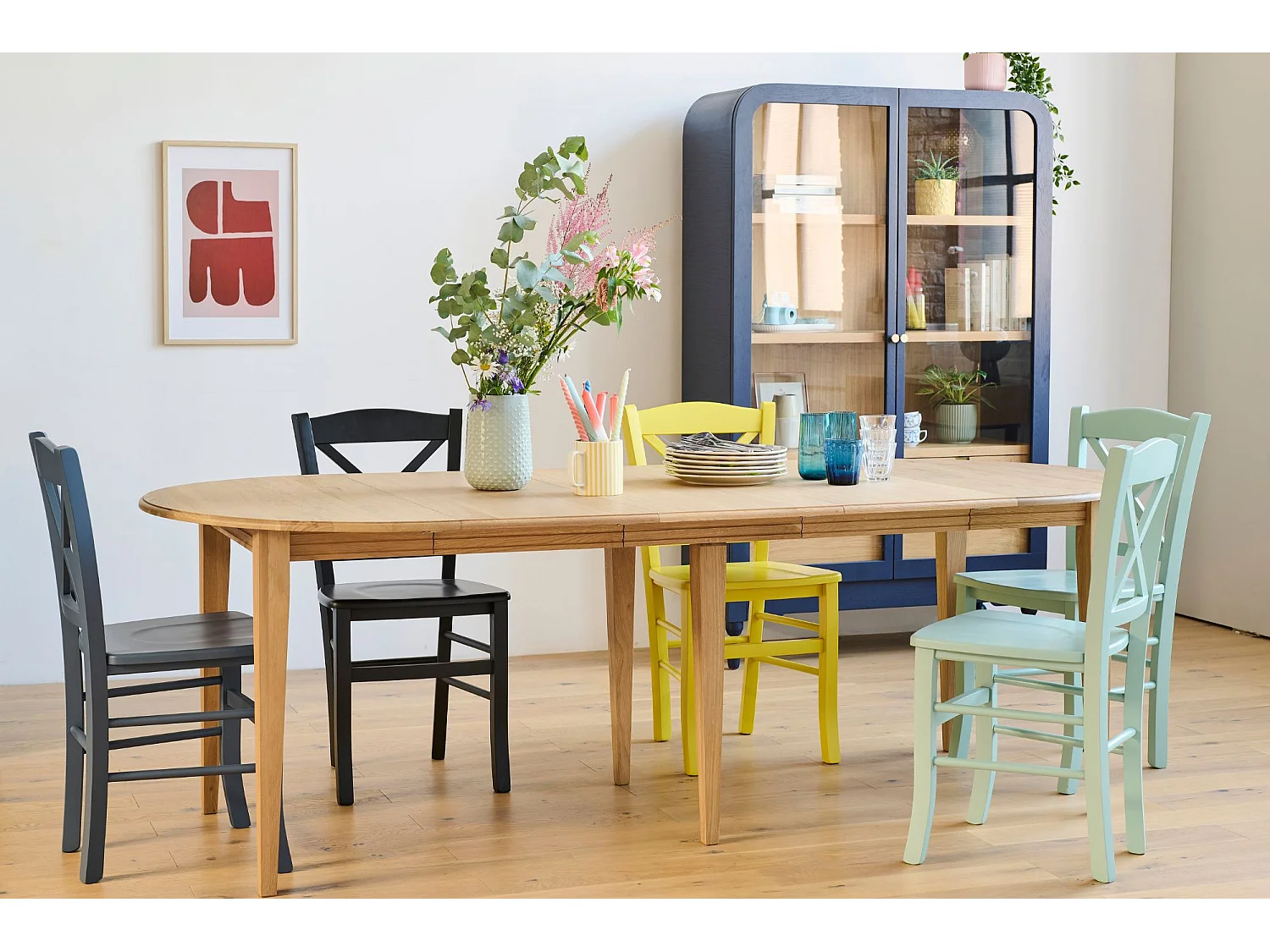 Table ronde 6 pieds fuseau D105 + 3 rallonges bois - VICTORIA