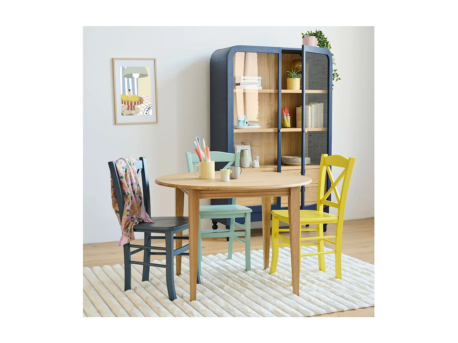 Table ronde 6 pieds fuseau D105 + 3 rallonges bois - VICTORIA