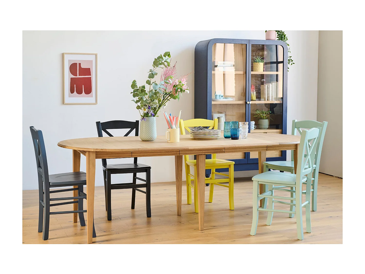 Table ronde 6 pieds fuseau D105 + 3 rallonges bois - VICTORIA