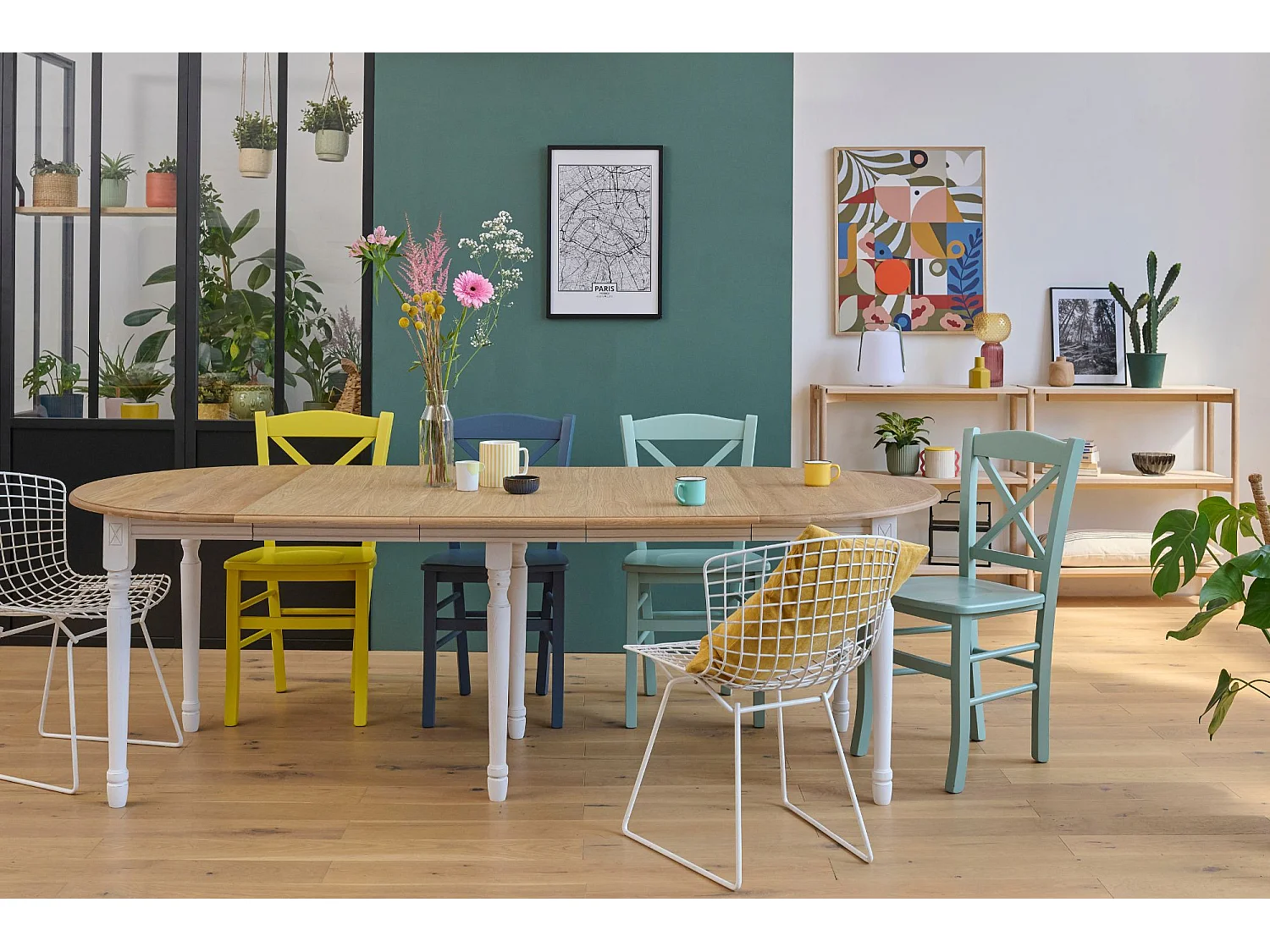 Table ronde en bois 6 pieds tournés D105 + 3 rallonges bois - VICTORIA