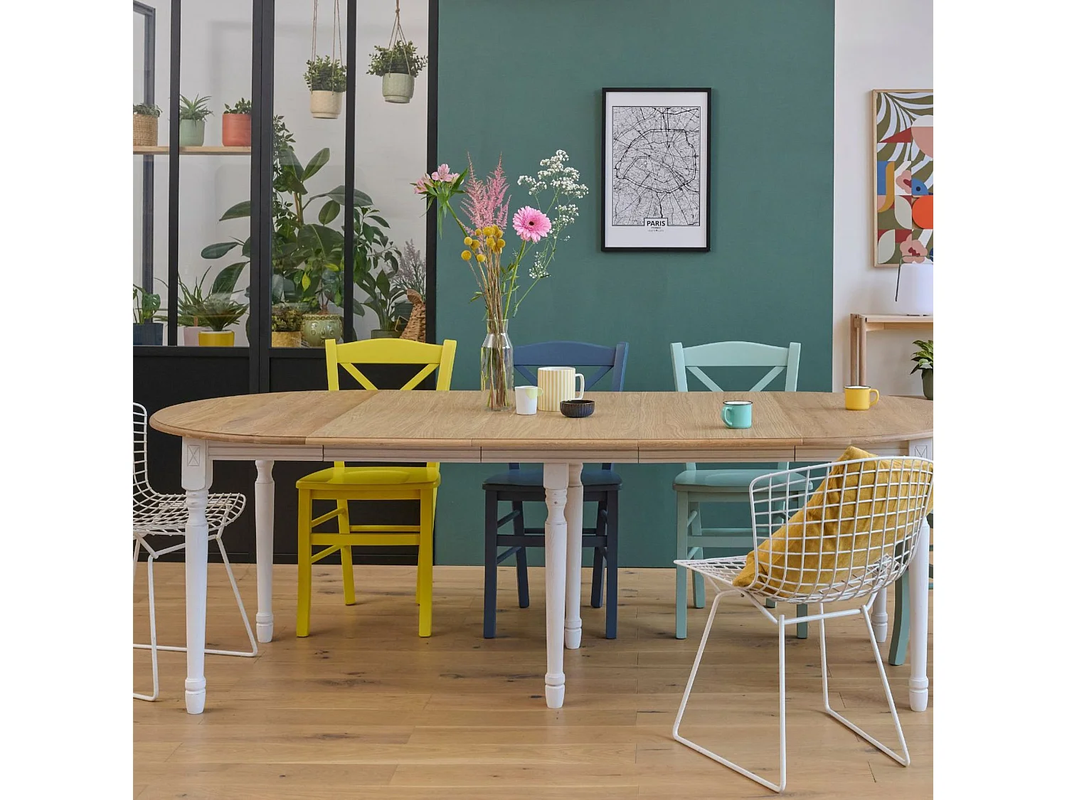 Table ronde en bois 6 pieds tournés D105 + 3 rallonges bois - VICTORIA