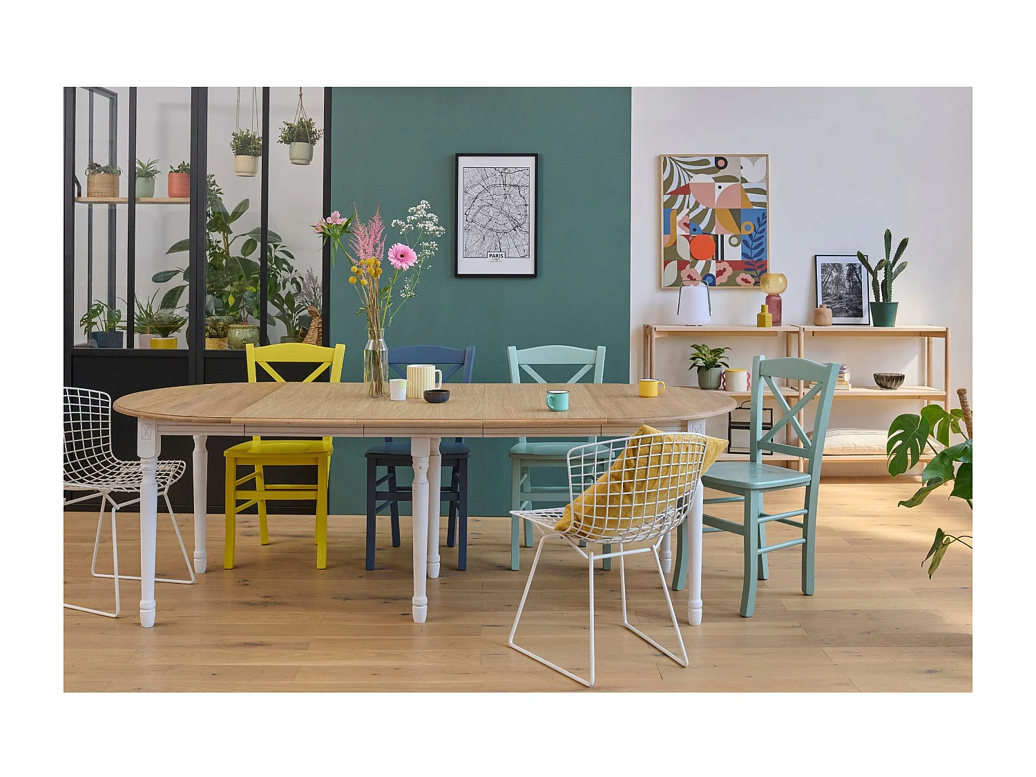 Table ronde en bois 6 pieds tournés D105 + 3 rallonges bois - VICTORIA