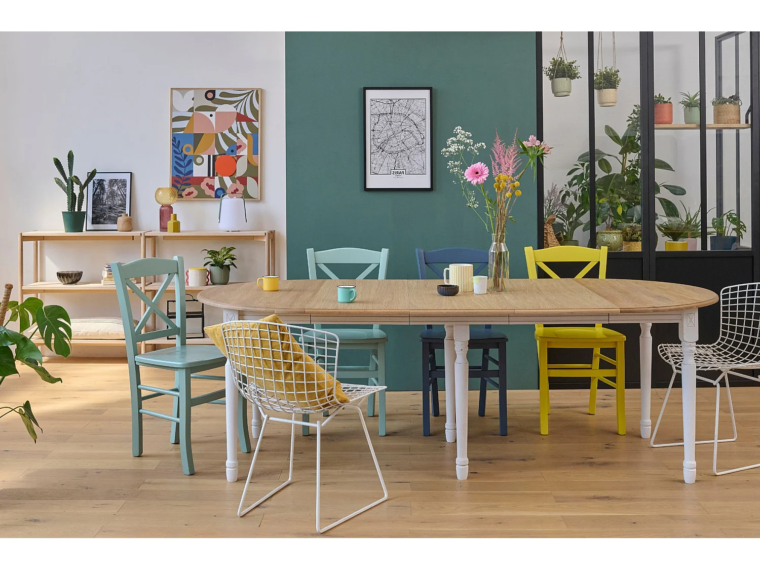 Table ronde 6 pieds tournés D115 + 3 rallonges bois - VICTORIA