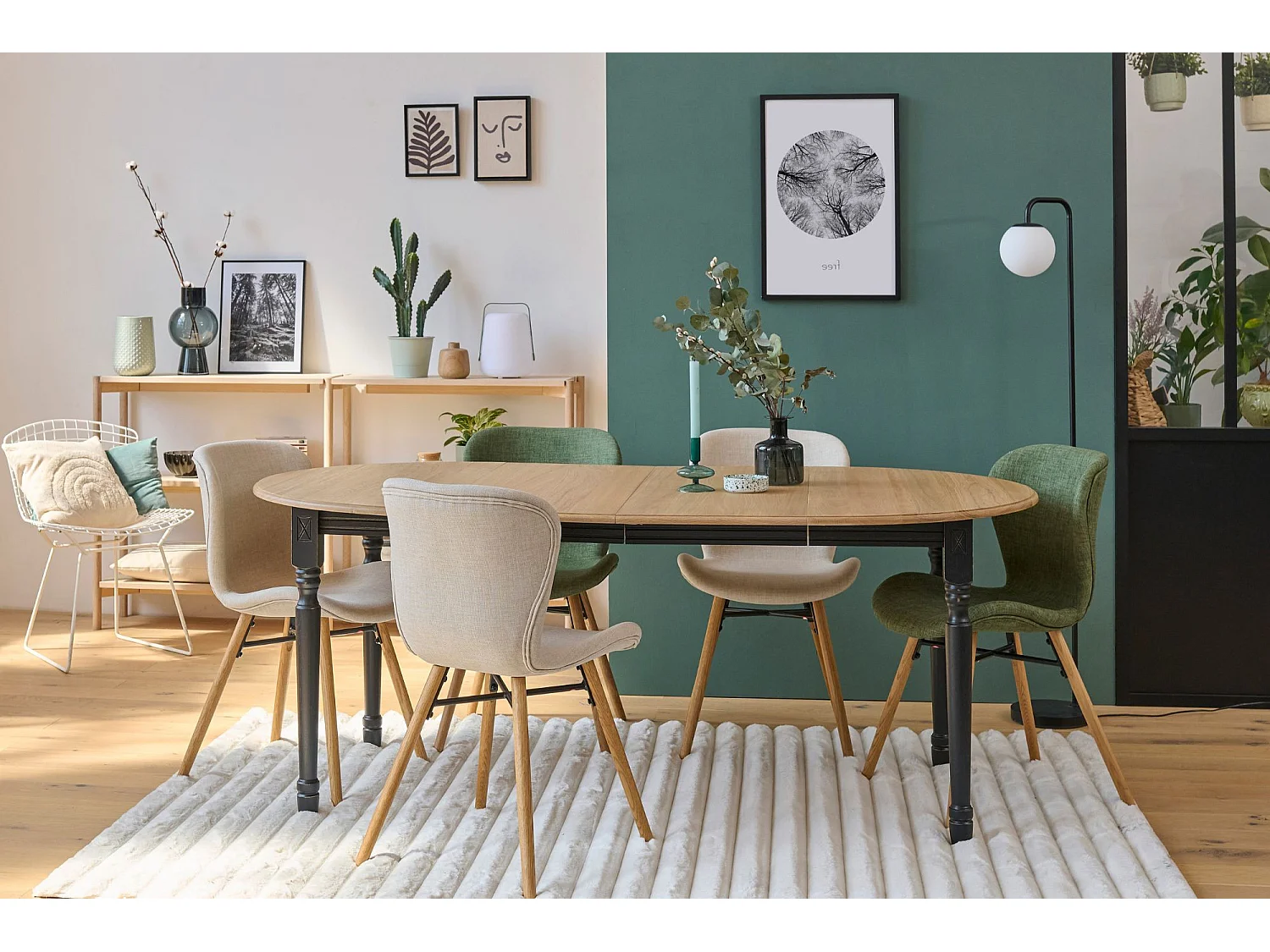 Table ronde 6 pieds tournés D115 + 3 rallonges bois - VICTORIA