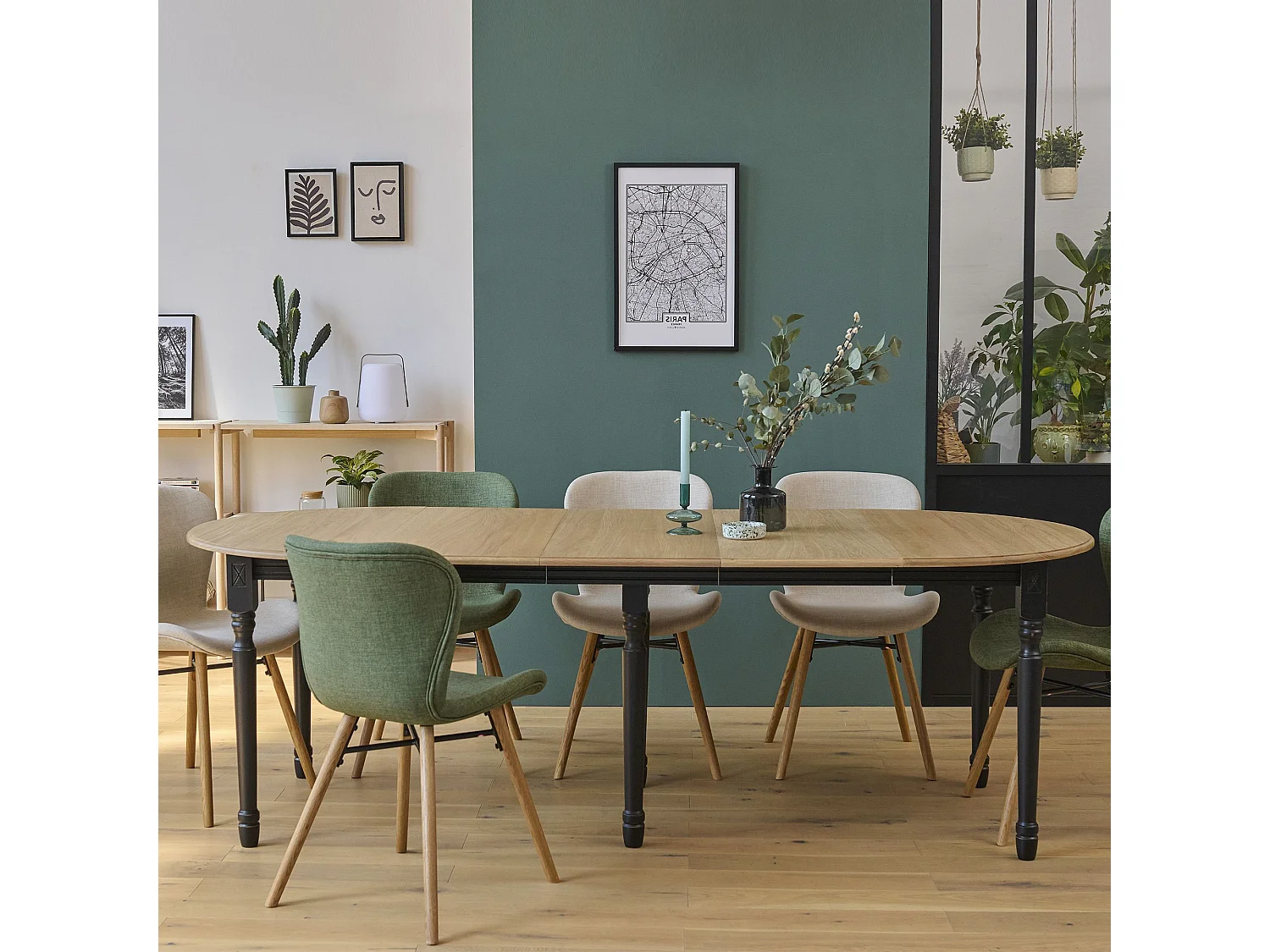 Table ronde 6 pieds tournés D115 + 3 rallonges bois - VICTORIA