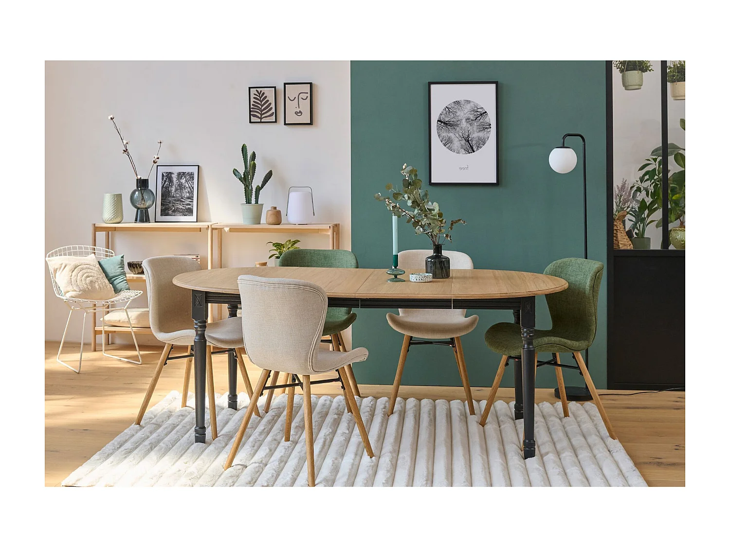 Table ronde 6 pieds tournés D115 + 3 rallonges bois - VICTORIA