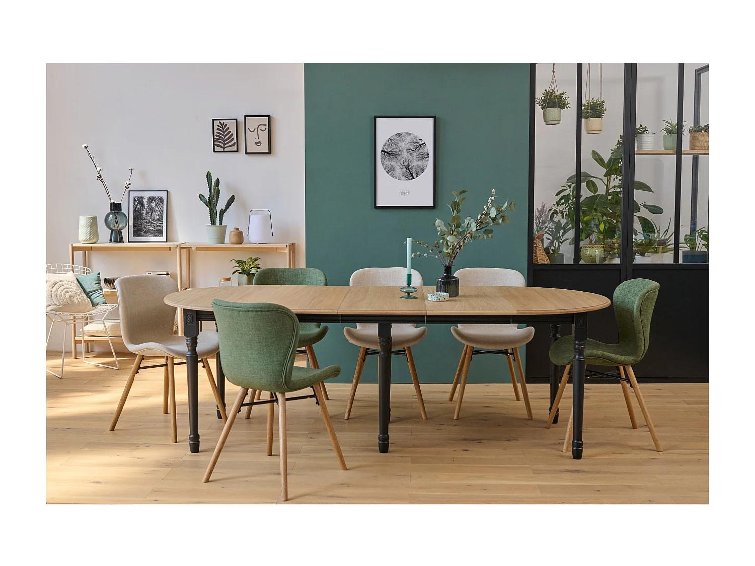 Table ronde 6 pieds tournés D115 + 3 rallonges bois - VICTORIA