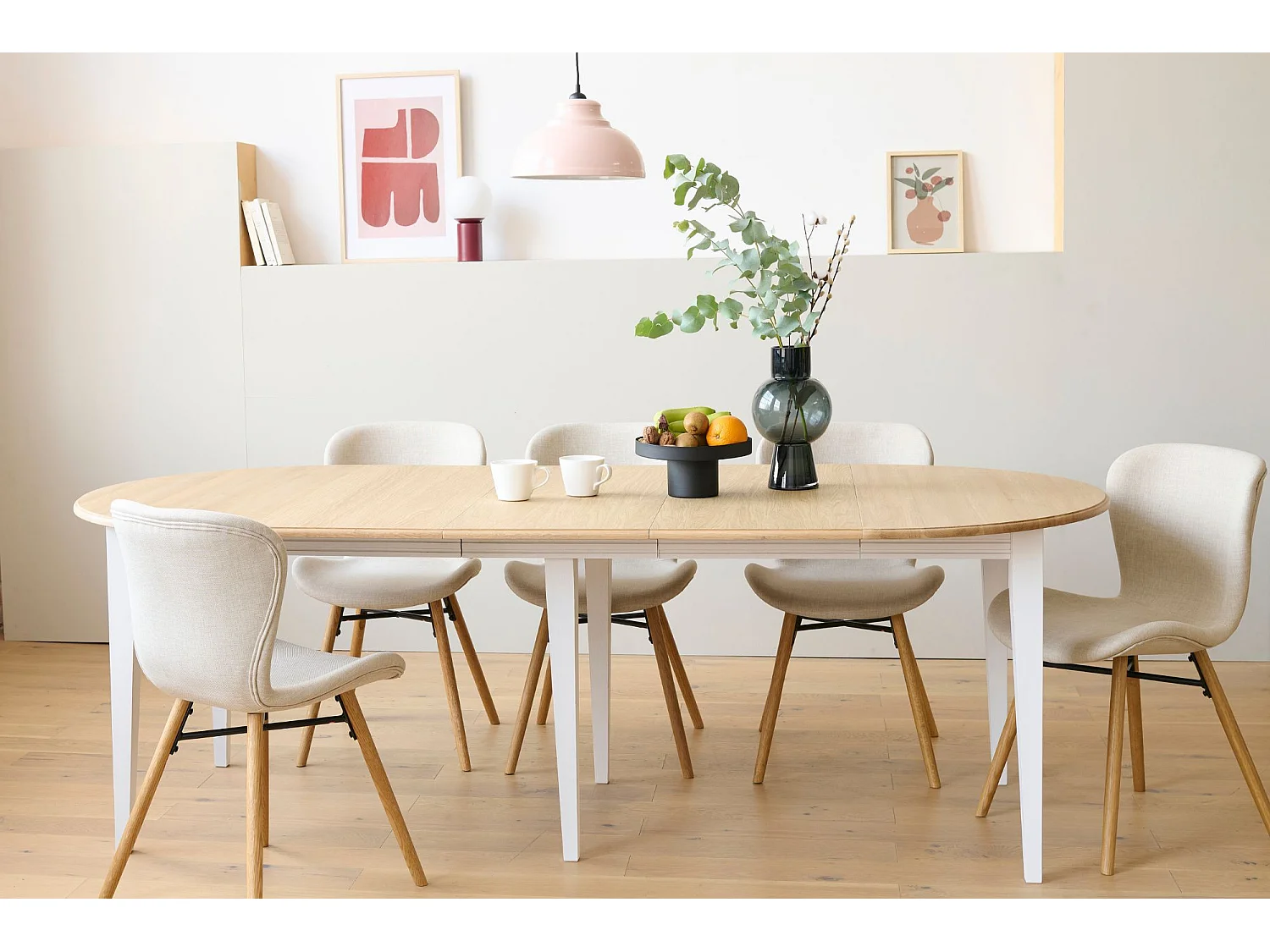 Table ronde 6 pieds fuseau D115 + 3 rallonges bois - VICTORIA