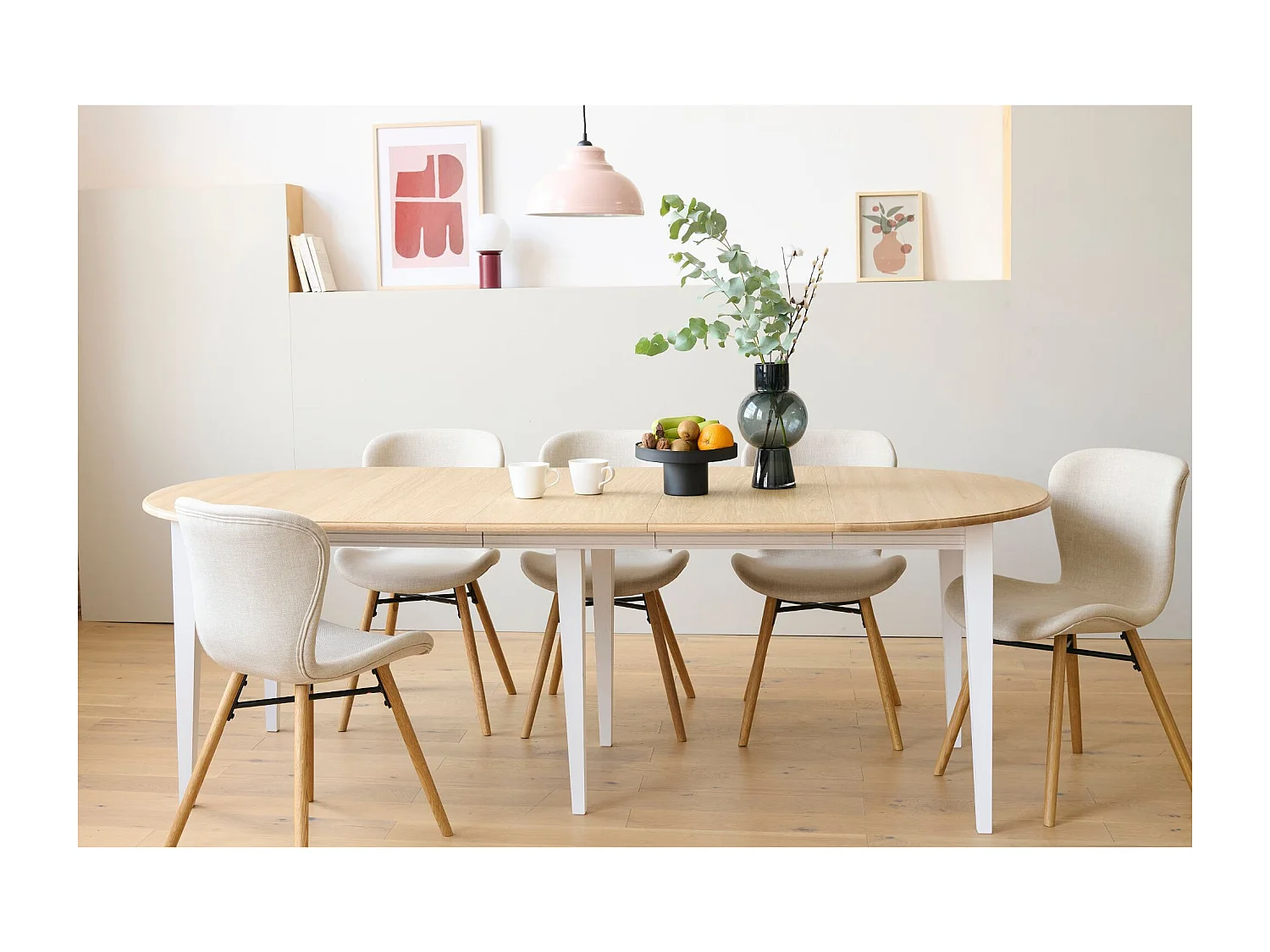 Table ronde 6 pieds fuseau D115 + 3 rallonges bois - VICTORIA