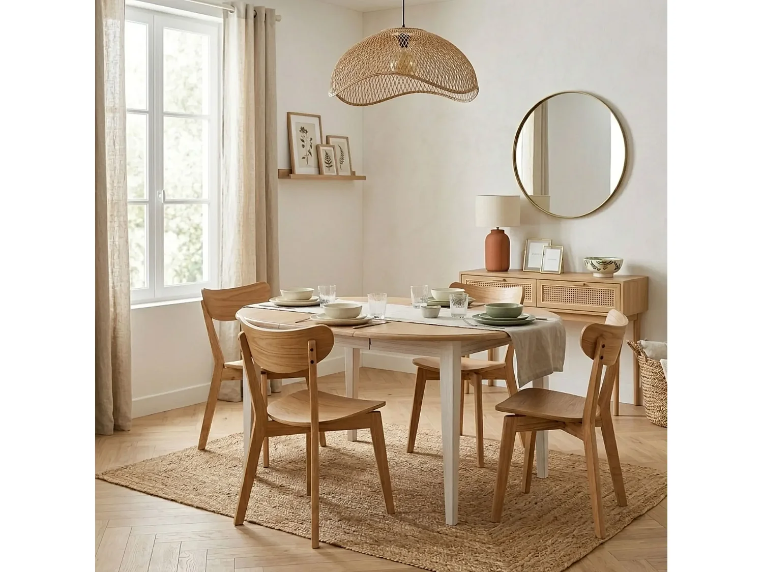 Table ronde 6 pieds fuseau D115 + 3 rallonges bois - VICTORIA