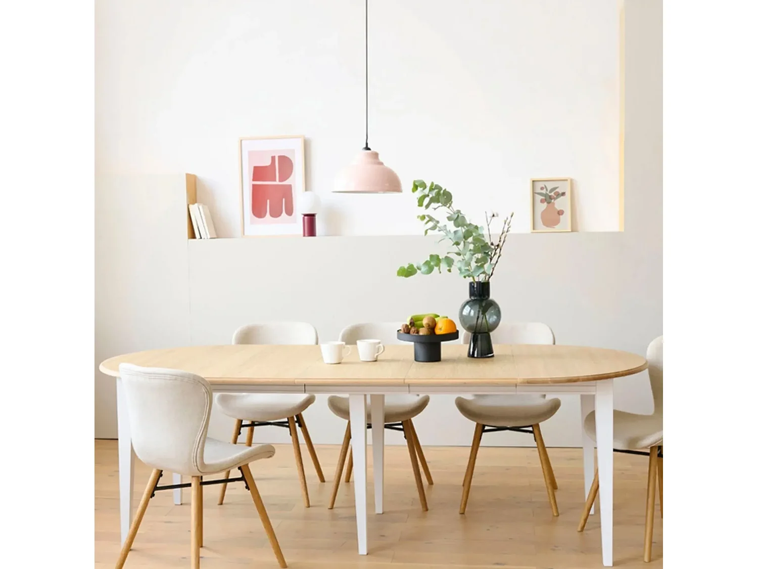 Table ronde 6 pieds fuseau D115 + 3 rallonges bois - VICTORIA