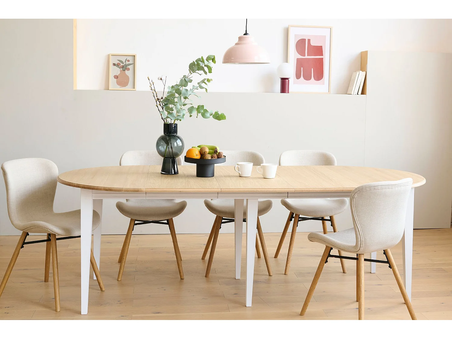 Table ronde 6 pieds fuseau D105 + 3 rallonges bois - VICTORIA