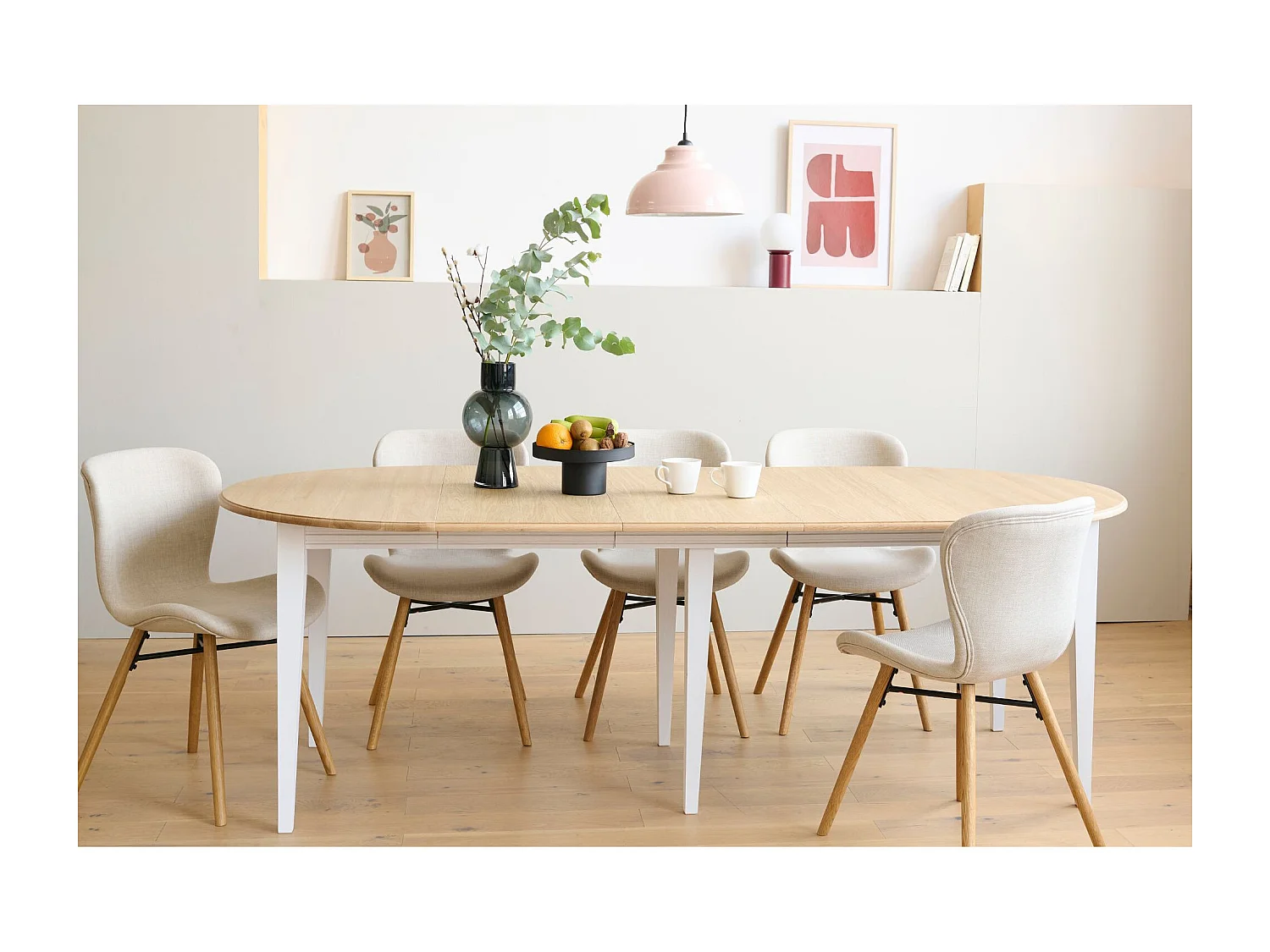 Table ronde 6 pieds fuseau D105 + 3 rallonges bois - VICTORIA