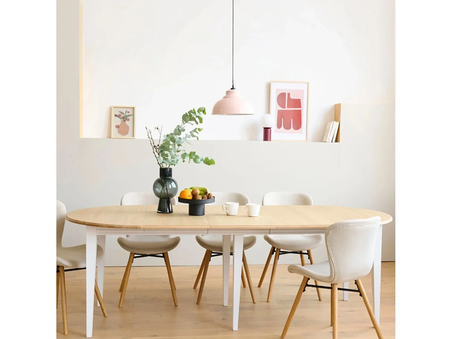 Table ronde 6 pieds fuseau D105 + 3 rallonges bois - VICTORIA