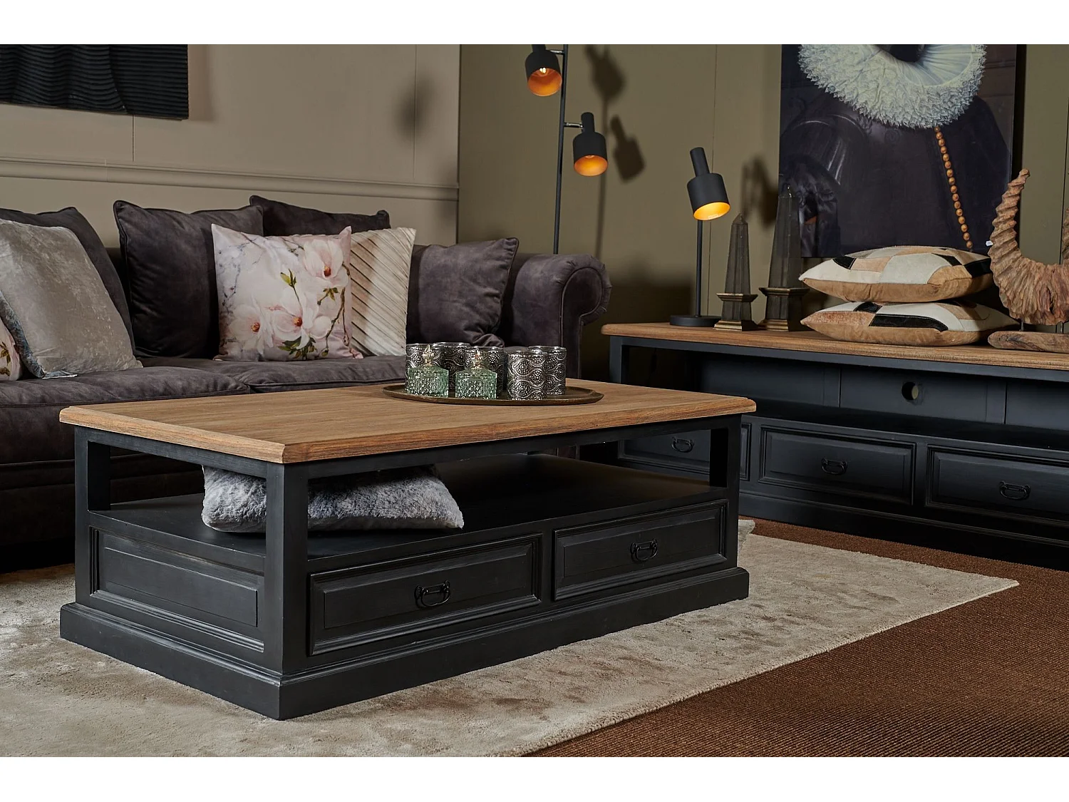 Table basse en bois noir 4 tiroirs 1 niche - DALILA