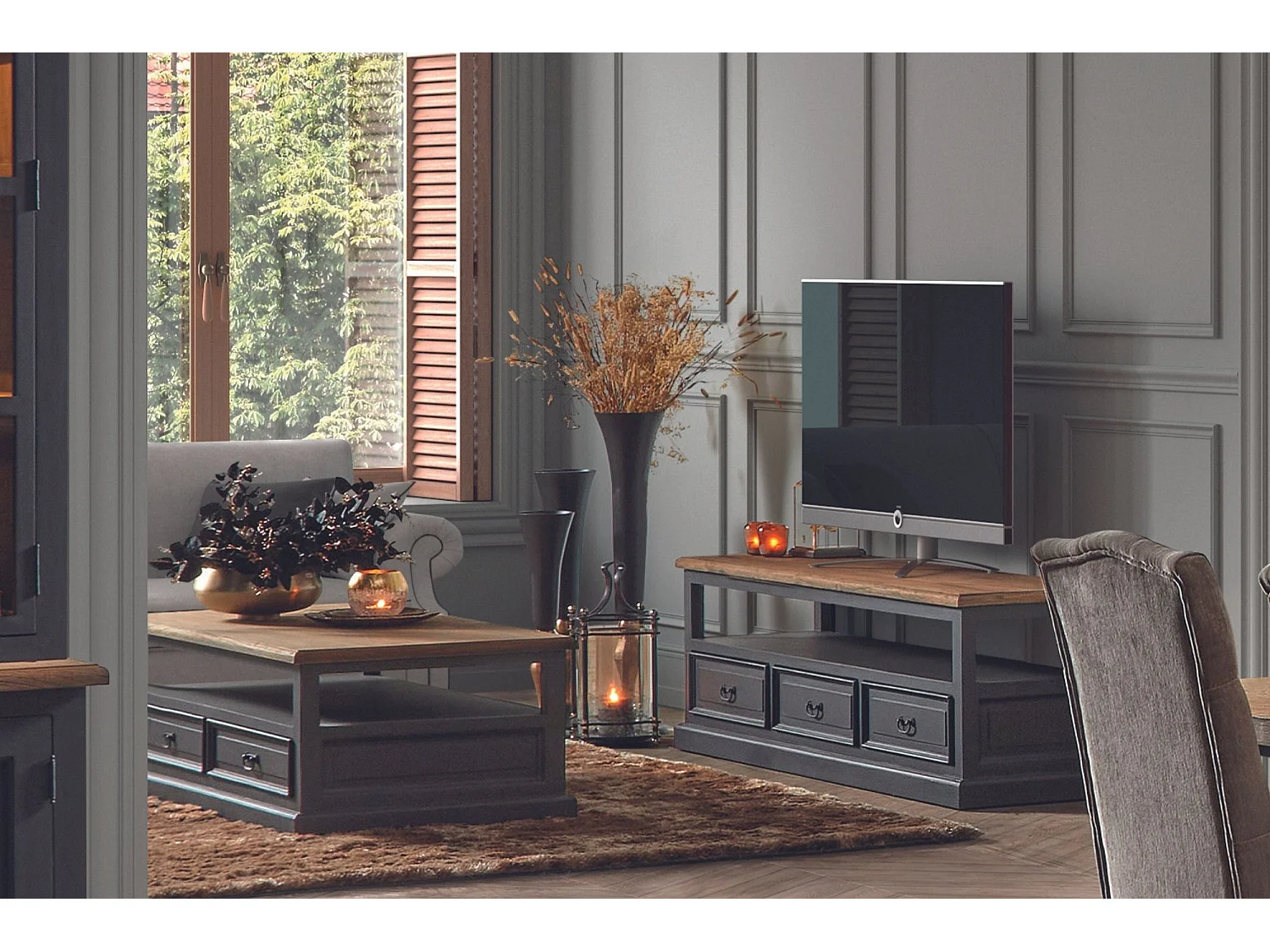 Table basse en bois noir 4 tiroirs 1 niche - DALILA