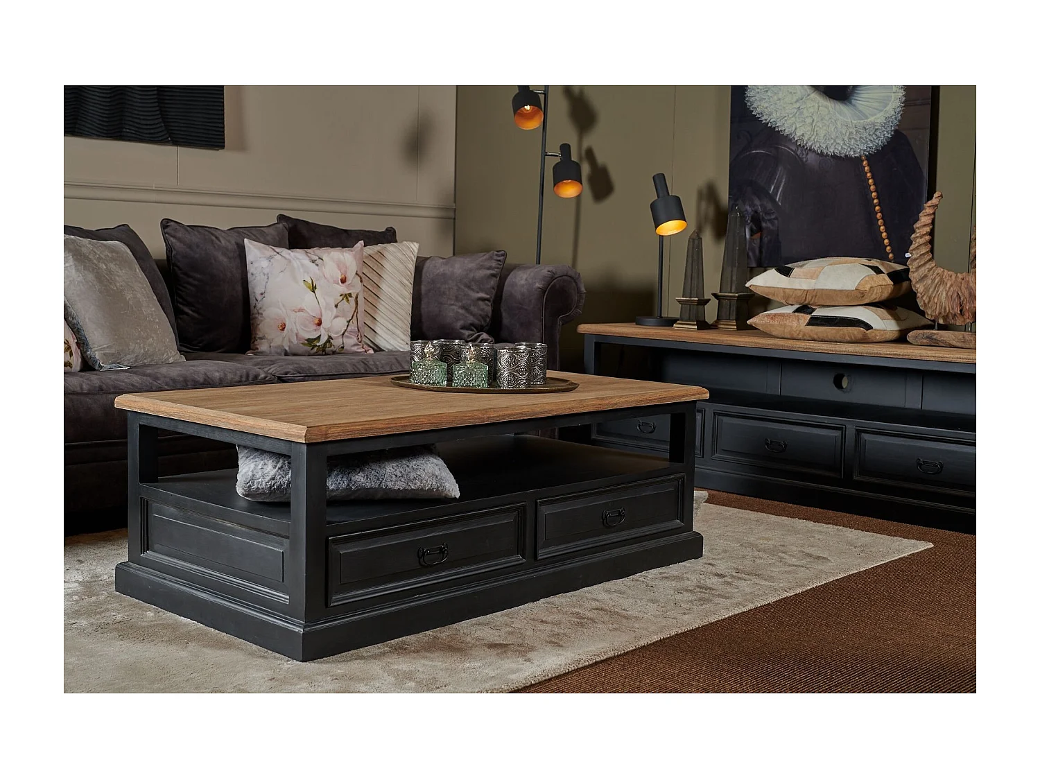 Table basse en bois noir 4 tiroirs 1 niche - DALILA