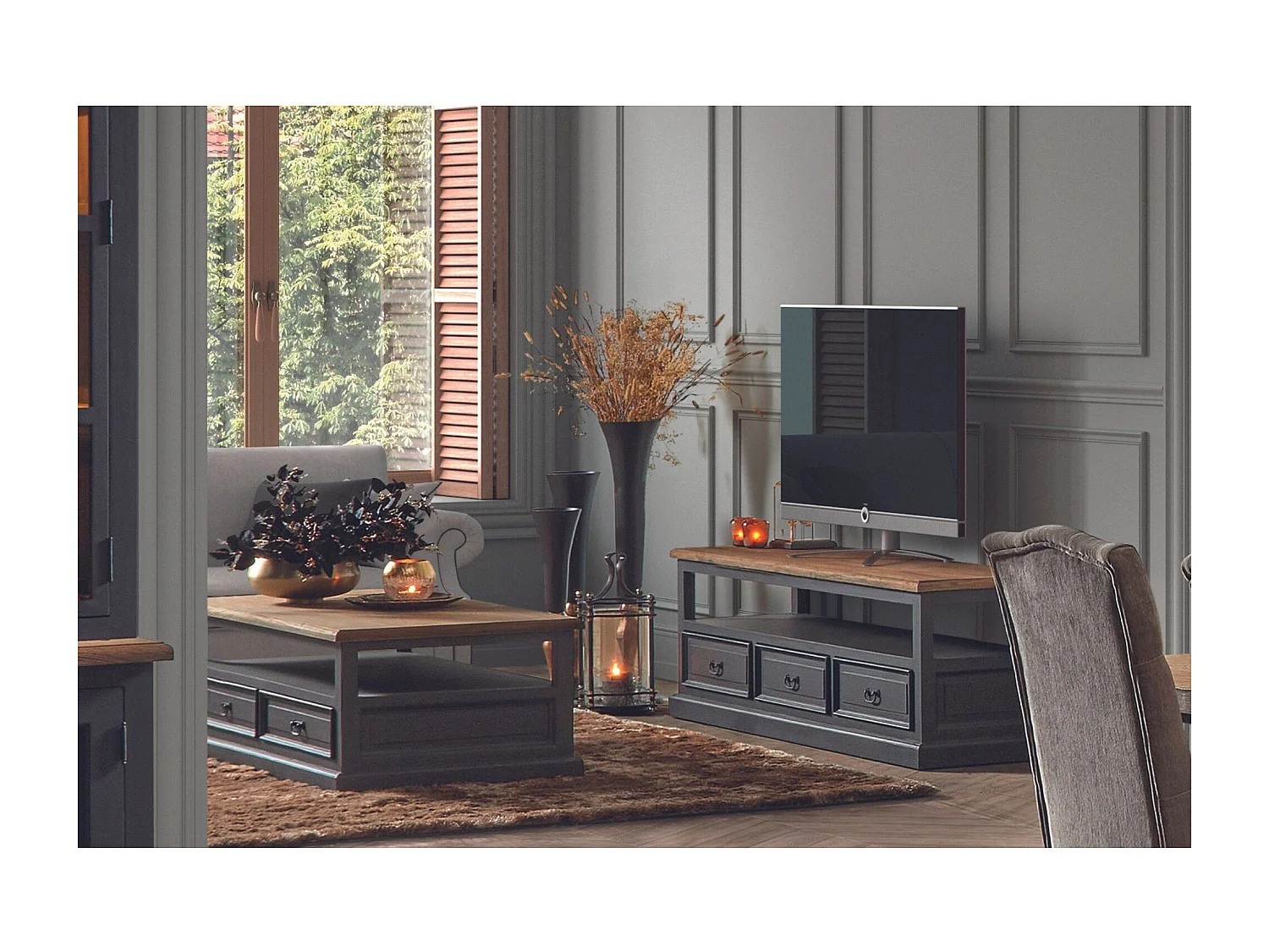 Table basse en bois noir 4 tiroirs 1 niche - DALILA