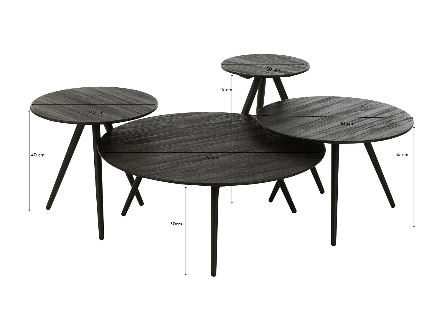 Lot de 4 Tables Basses en Bois "Teck" 70cm Noir