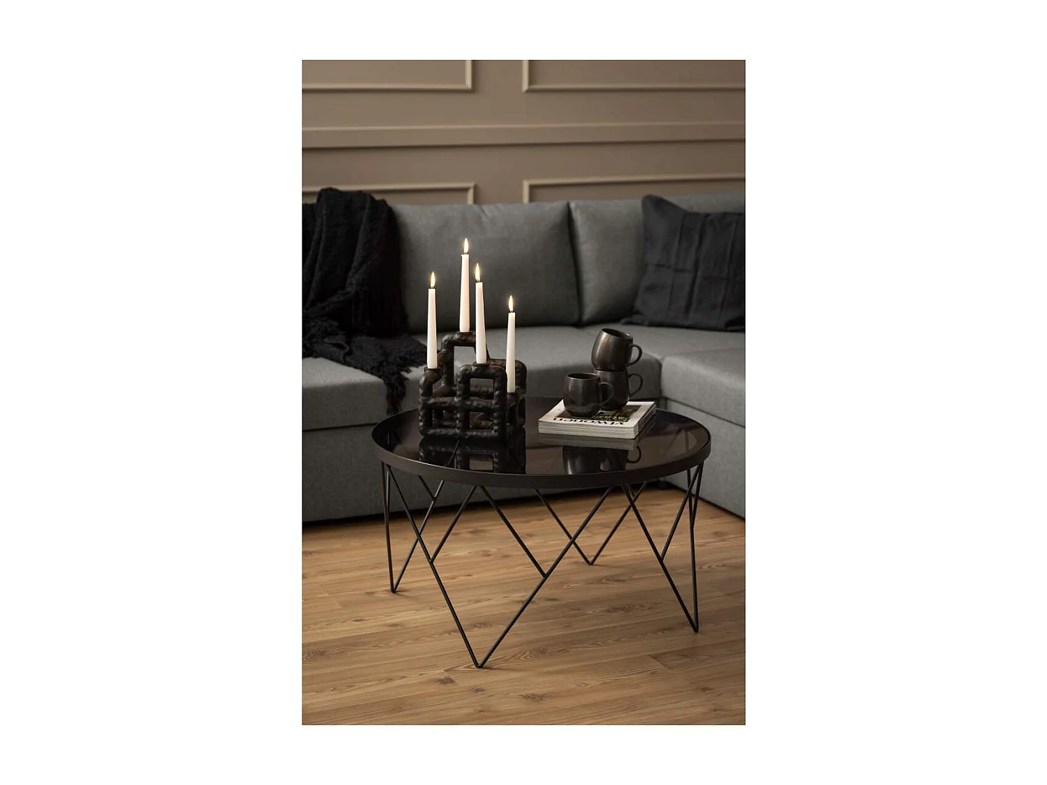 Table basse ronde en verre fumé et métal noir D80 - BROMLEY