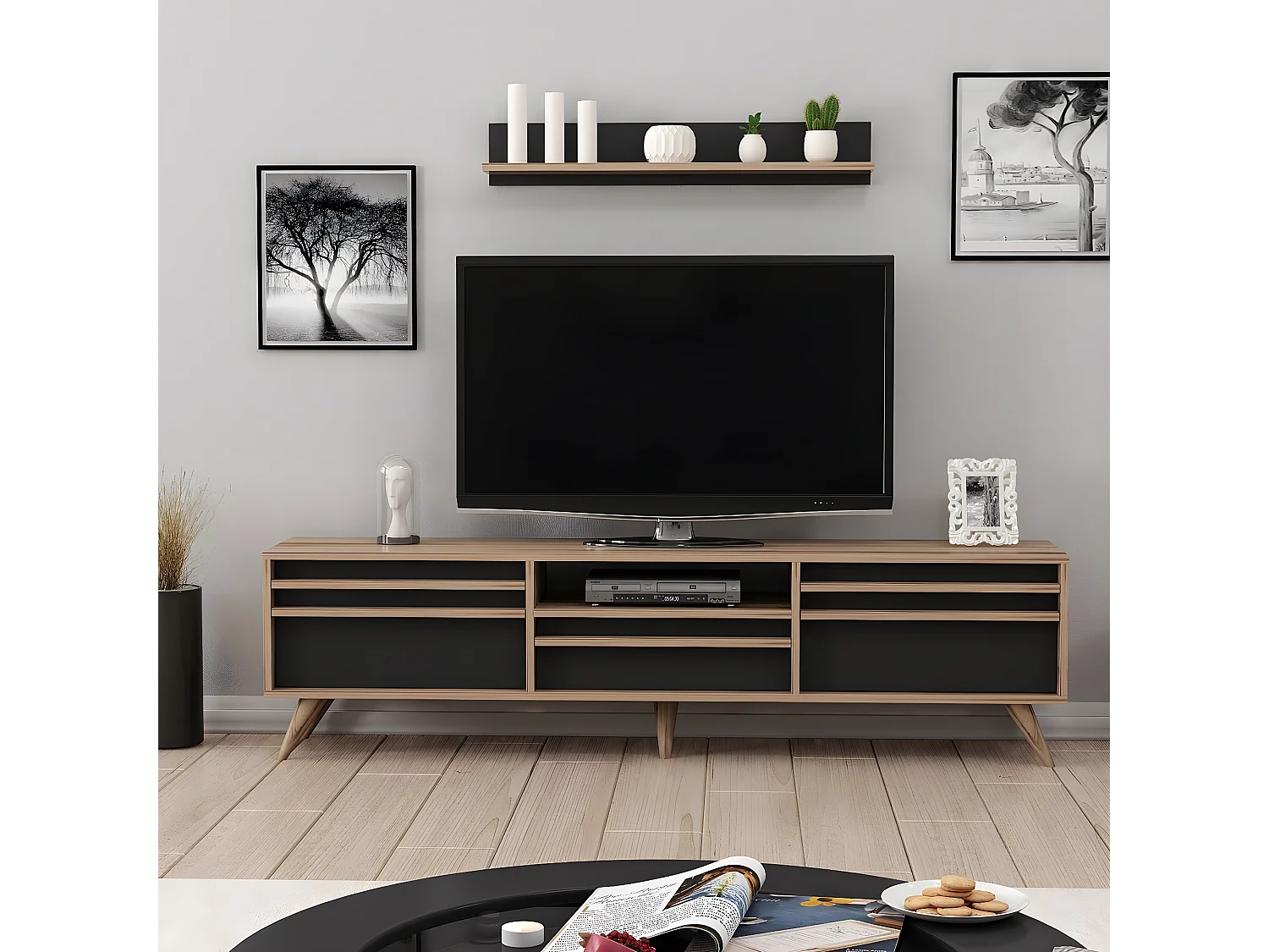 Meuble TV Hira, Noir, 180x35x48 cm, EPIKASA