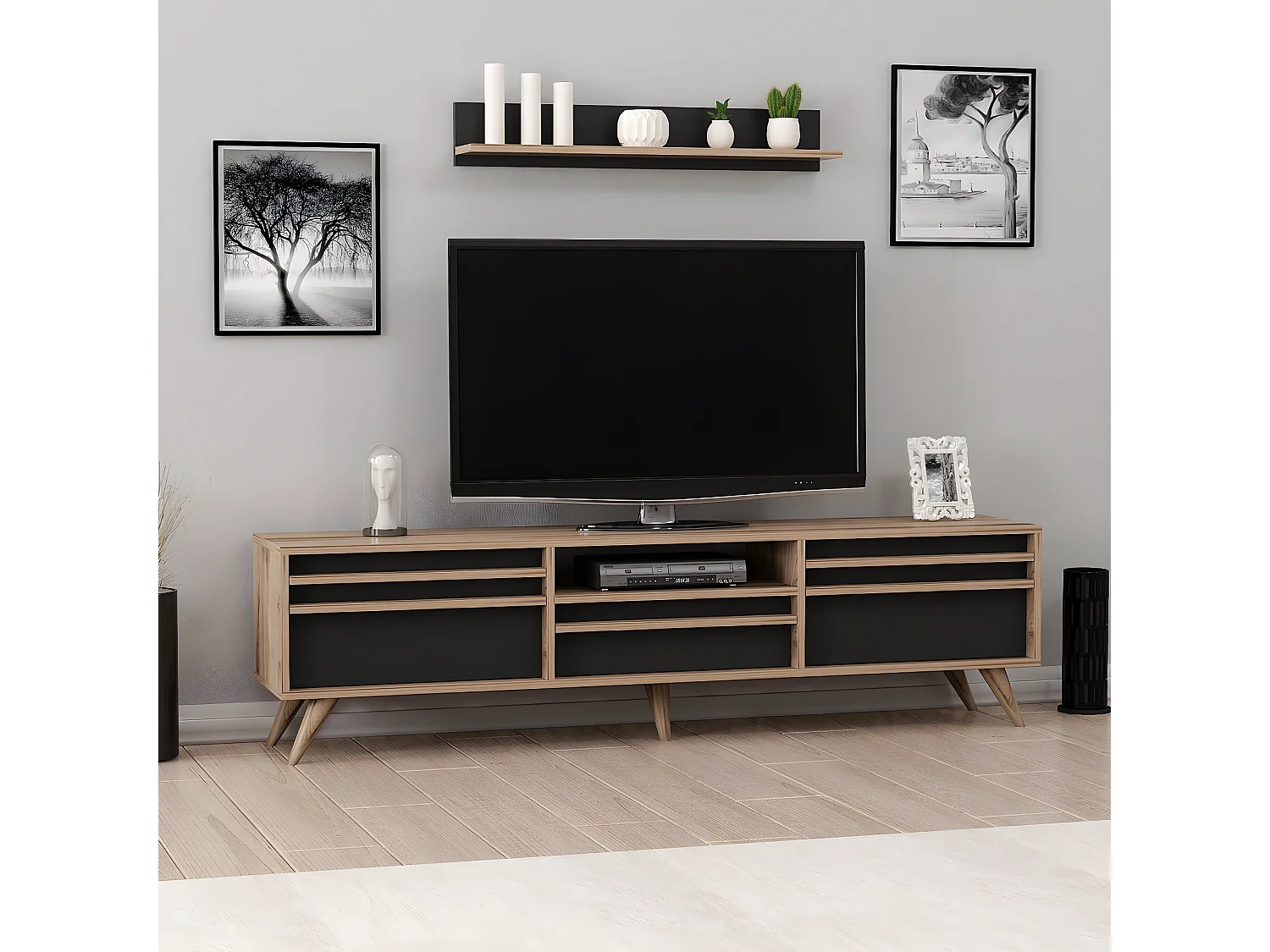 Meuble TV Hira, Noir, 180x35x48 cm, EPIKASA