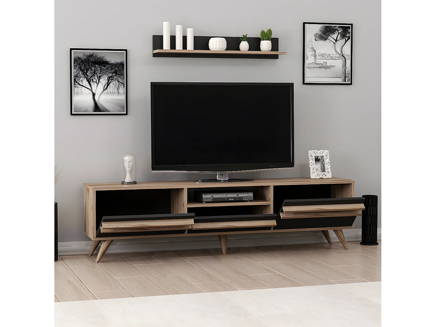 Meuble TV Hira, Noir, 180x35x48 cm, EPIKASA