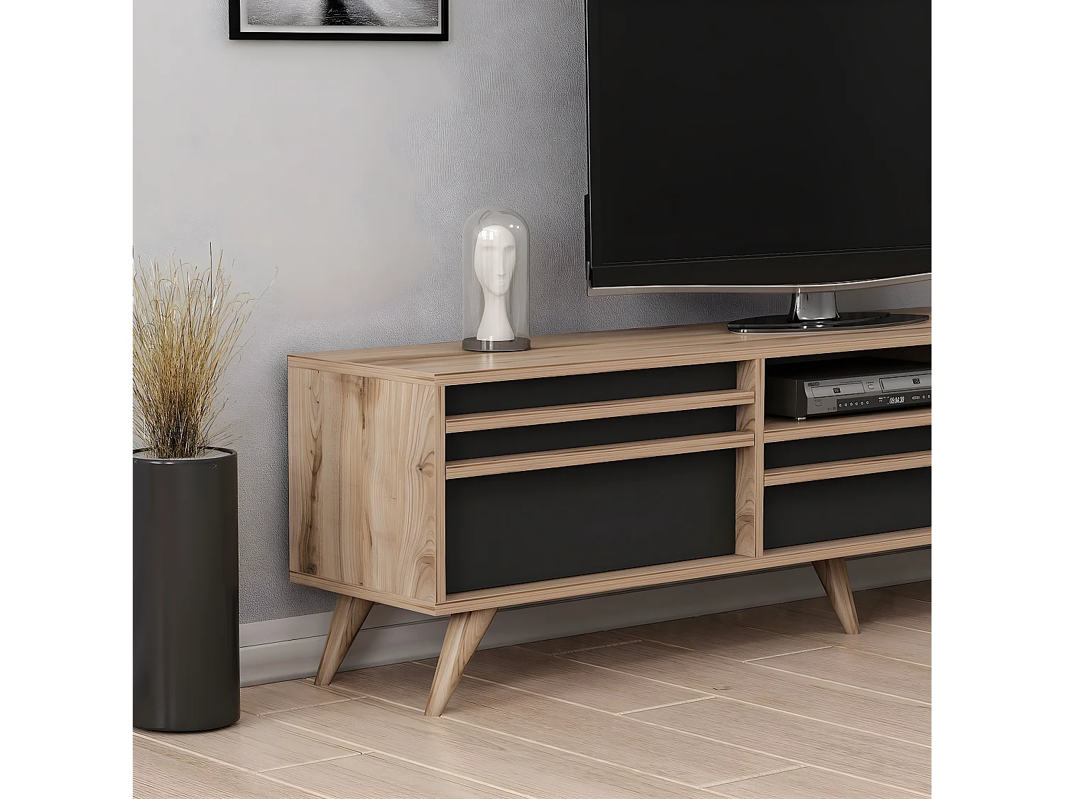 Meuble TV Hira, Noir, 180x35x48 cm, EPIKASA