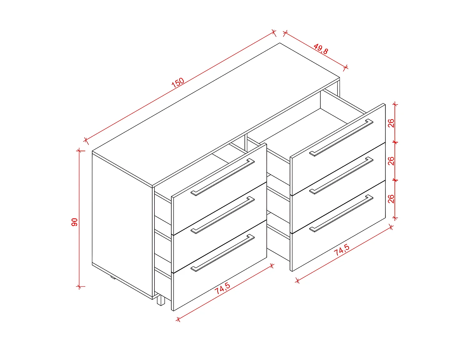 Commode à Tiroirs Volga, Anthracite, 150x49,8x90 cm, EPIKASA