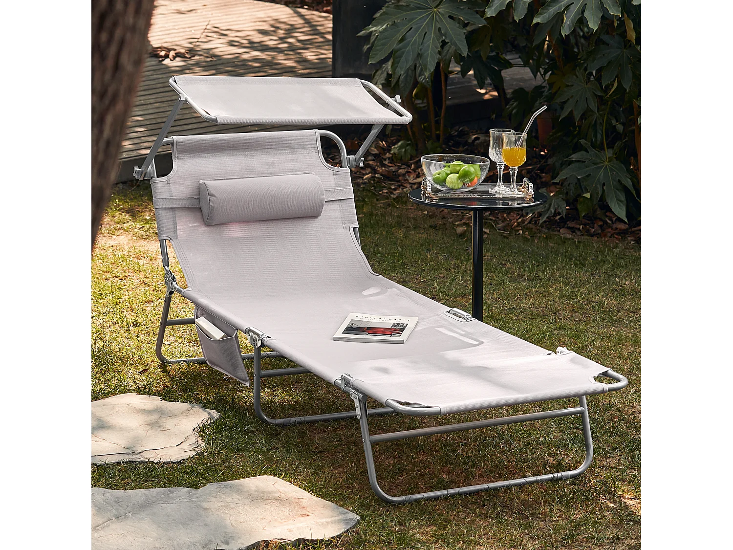 SoBuy OGS48-MI ligstoel, opvouwbare ontspanningsligstoel, verstelbare, opvouwbare en verstelbare campingstoel met zonnescherm - Beige