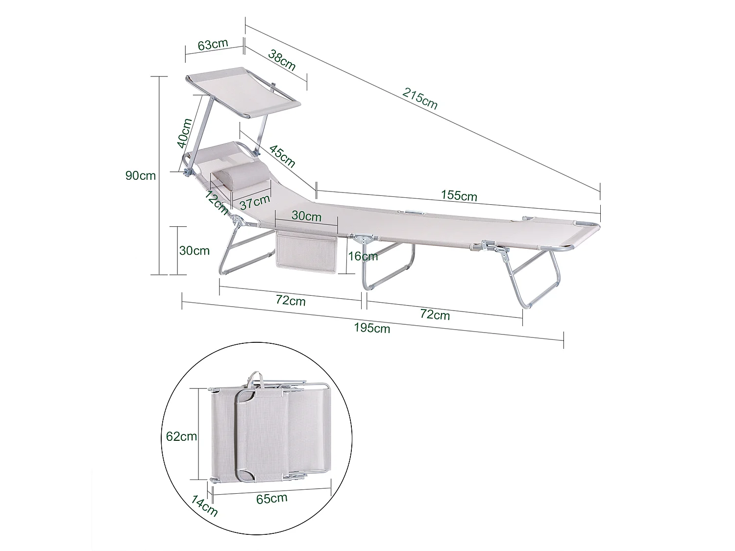 SoBuy OGS48-MI ligstoel, opvouwbare ontspanningsligstoel, verstelbare, opvouwbare en verstelbare campingstoel met zonnescherm - Beige