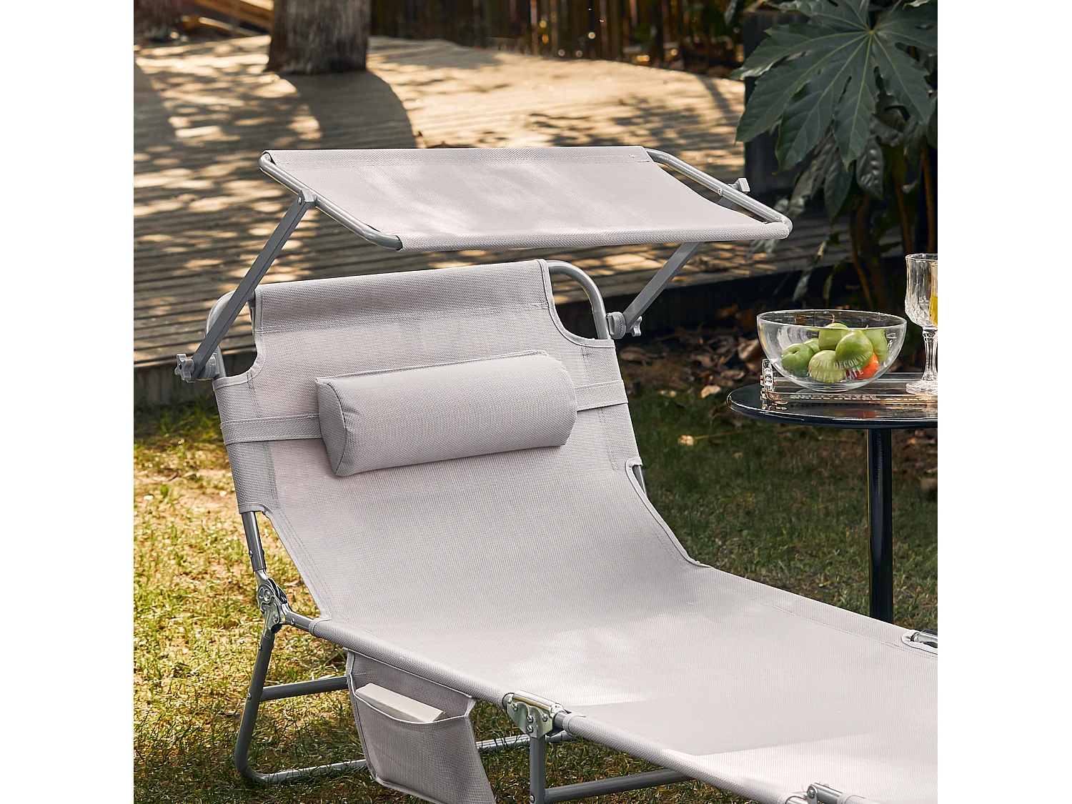 SoBuy OGS48-MI ligstoel, opvouwbare ontspanningsligstoel, verstelbare, opvouwbare en verstelbare campingstoel met zonnescherm - Beige