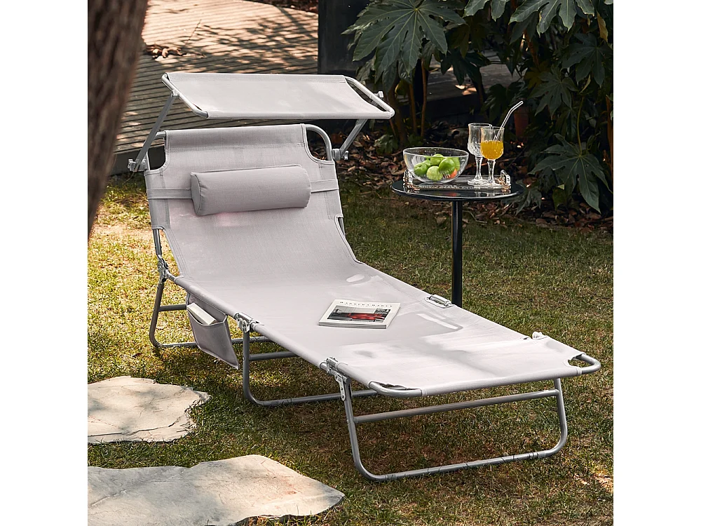 SoBuy OGS48-MI ligstoel, opvouwbare ontspanningsligstoel, verstelbare, opvouwbare en verstelbare campingstoel met zonnescherm - Beige