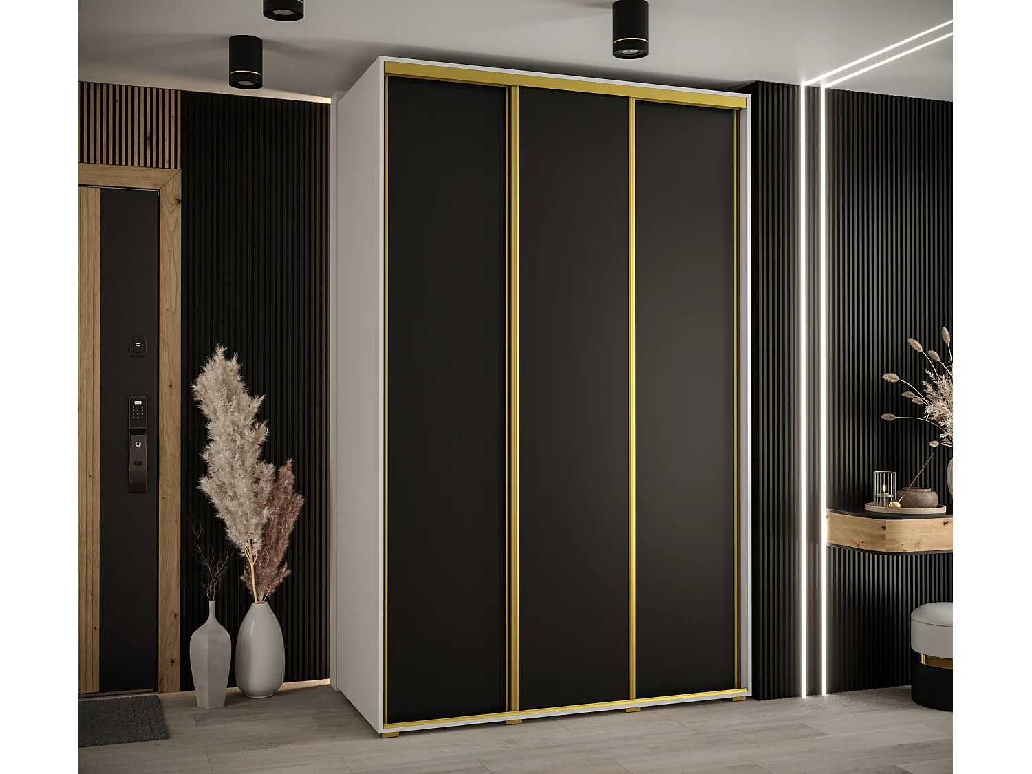 ARMADIO DAVOS 1 AD ANTE SCORREVOLI 235,2/160/45 3 porte (Bianco/Nero/Oro)