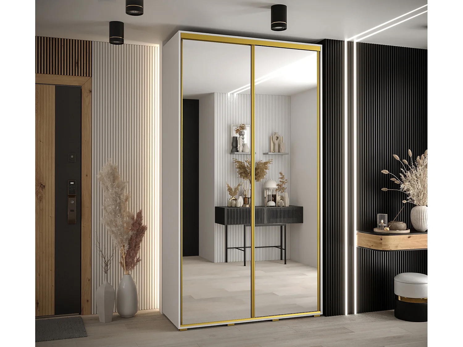 ARMADIO DAVOS 2 AD ANTE SCORREVOLI 235,2/140/60 2 porte (Bianco/Bianco/Oro)