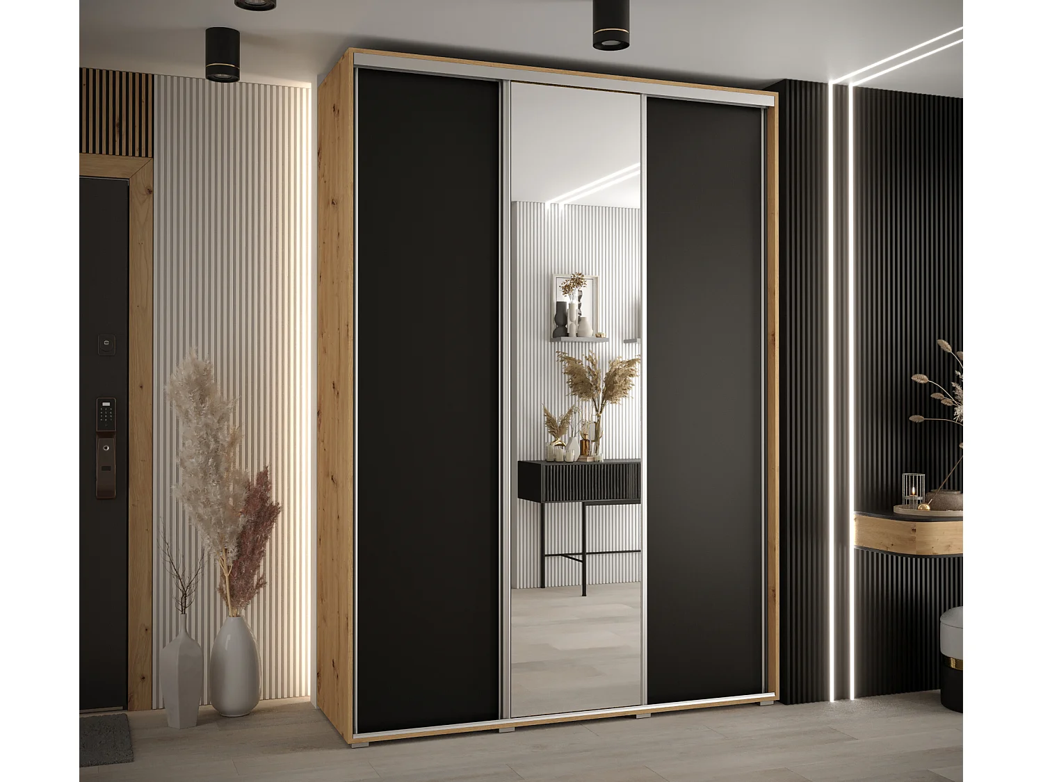 ARMOIRE DAVOS 3 À PORTES COULISSANTES 235,2/170/45 3 portes (Artisan/Noir/Argent)