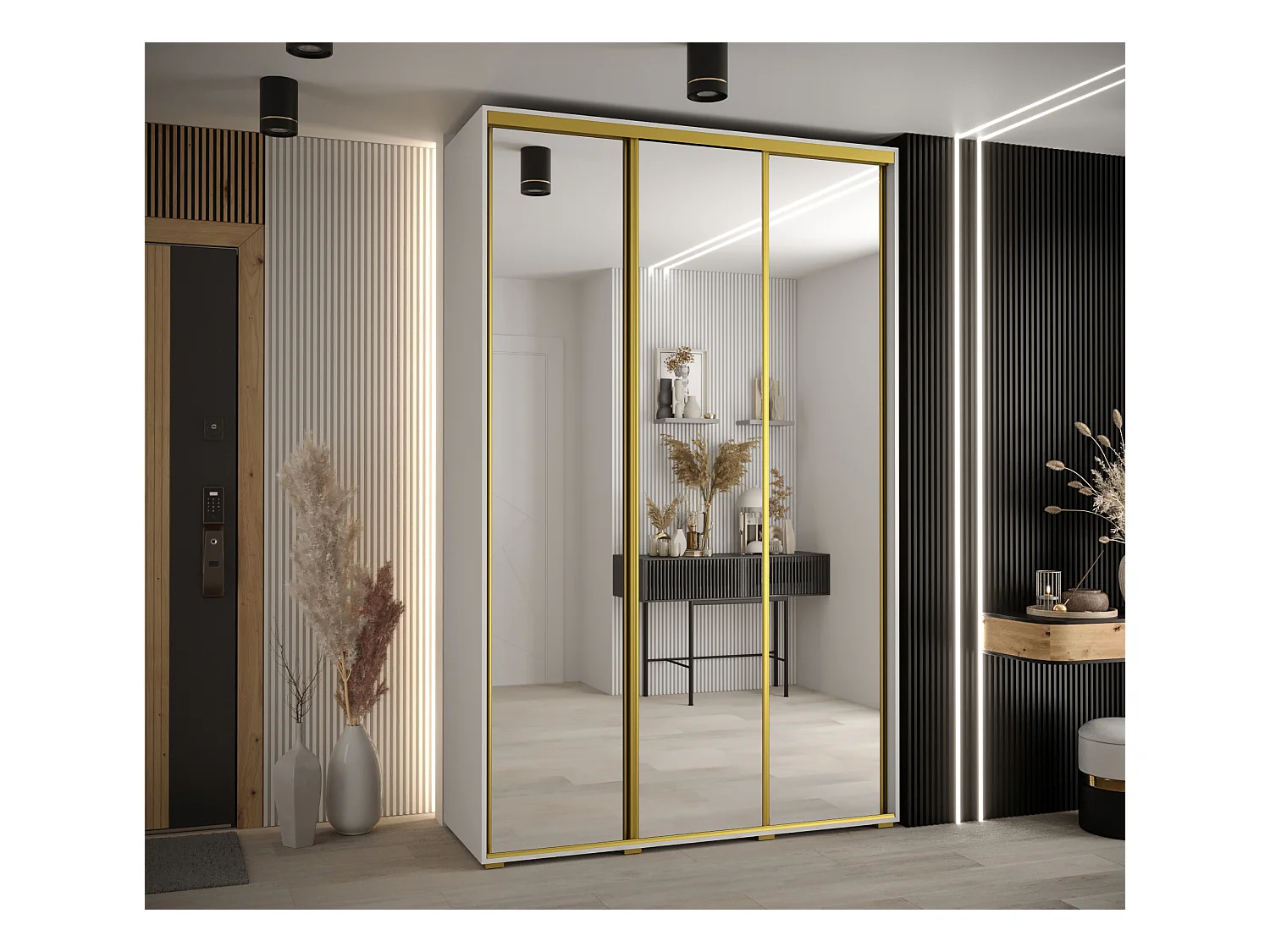 ARMADIO DAVOS 2 AD ANTE SCORREVOLI 235,2/180/60 3 porte (Bianco/Bianco/Oro)