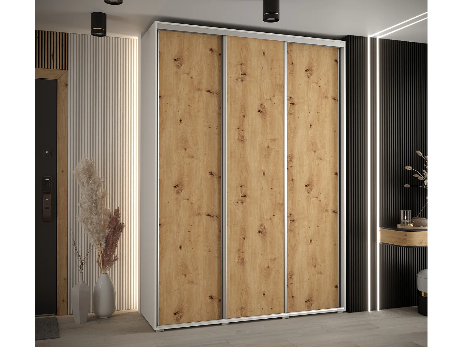 ARMOIRE DAVOS 1 À PORTES COULISSANTES 235,2/180/45 3 portes (Blanc/Artisan/Argent)