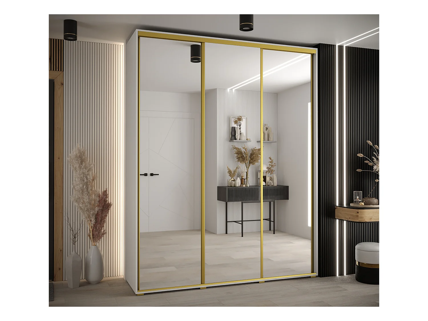 ARMOIRE DAVOS 2 À PORTES COULISSANTES 235,2/190/60 3 portes (Blanc/Blanc/Or)