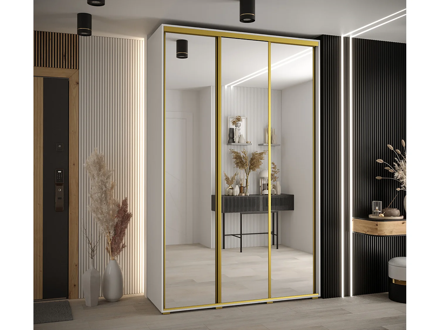 ARMADIO DAVOS 2 AD ANTE SCORREVOLI 235,2/150/45 3 porte (Bianco/Bianco/Oro)