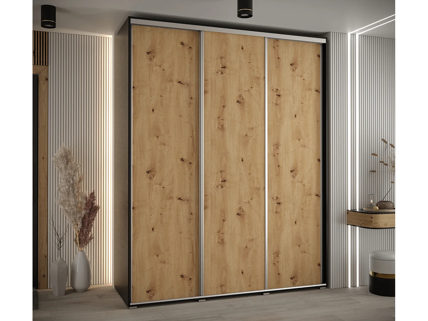 ARMOIRE DAVOS 1 À PORTES COULISSANTES 235,2/200/45 3 portes (Noir/Artisan/Argent)