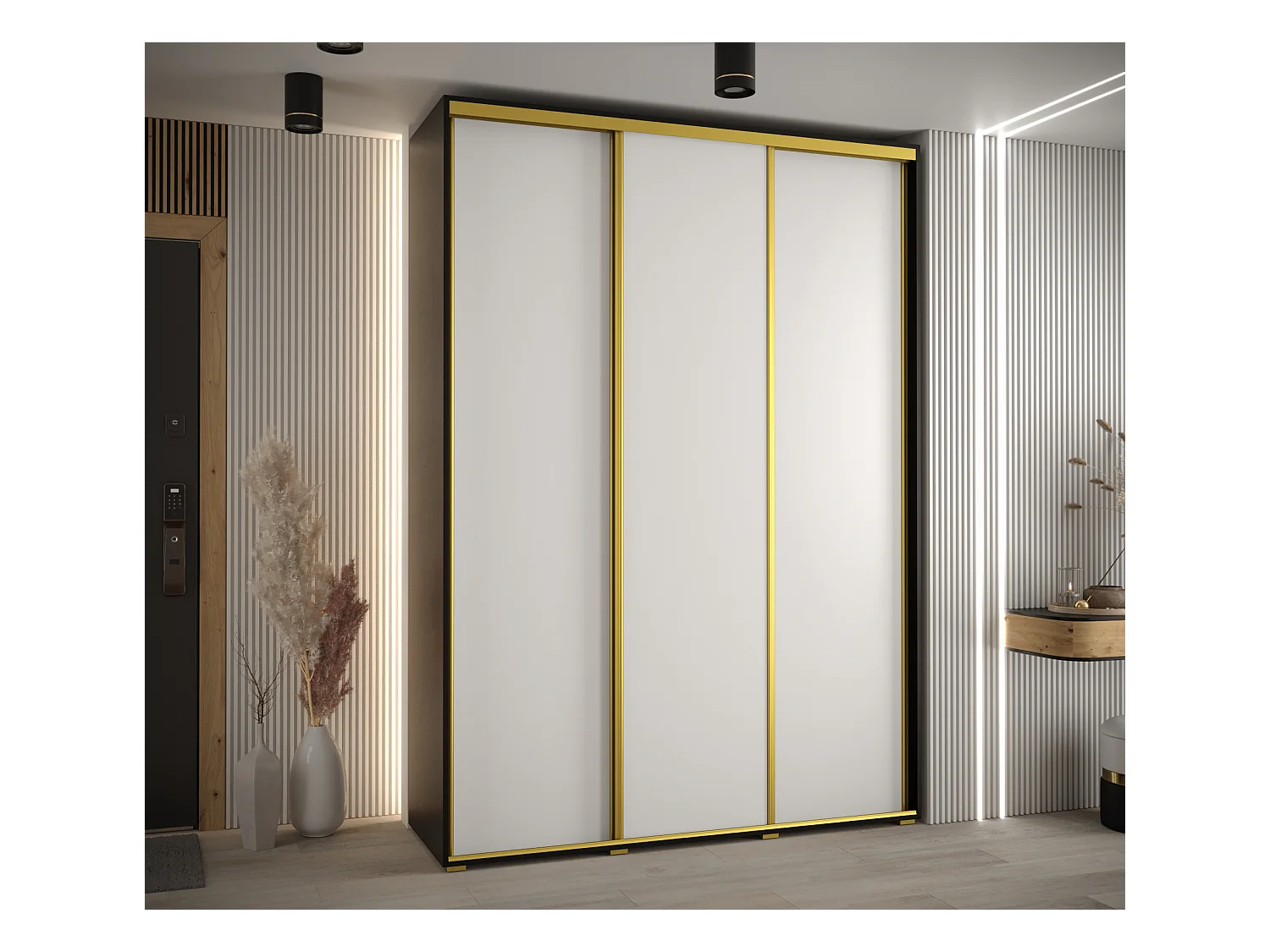 ARMOIRE DAVOS 1 À PORTES COULISSANTES 235,2/180/45 3 portes (Noir/Blanc/Or)