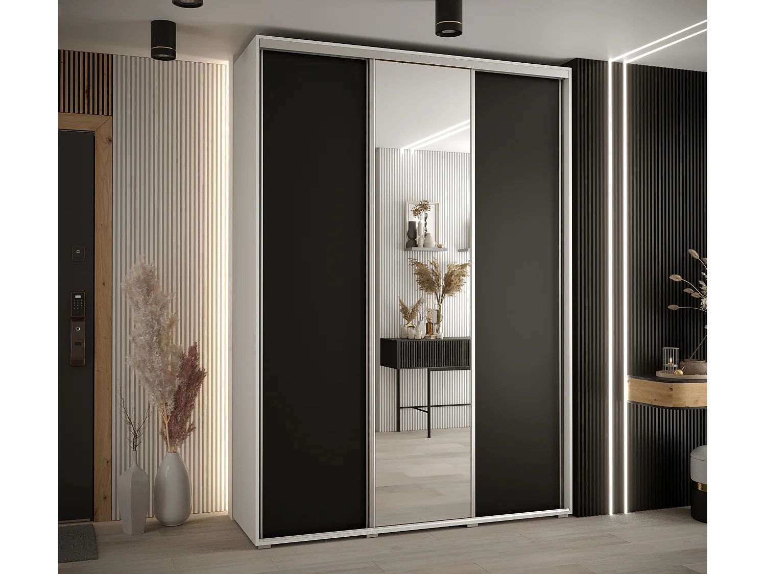 ARMOIRE DAVOS 3 À PORTES COULISSANTES 235,2/170/45 3 portes (Blanc/Noir/Argent)